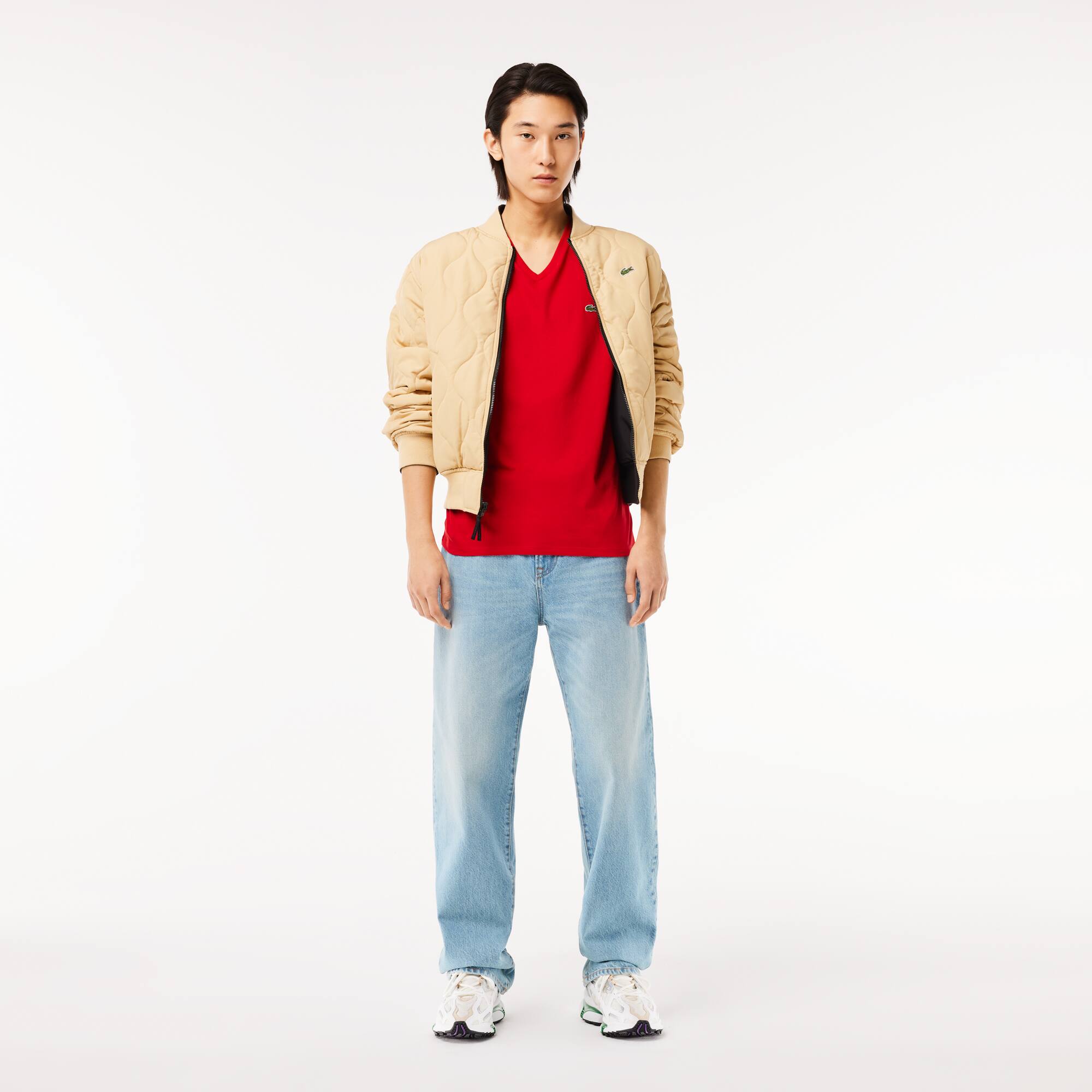 T-shirt col V en jersey de coton pima uni T-Shirts - Rouge - Lacoste - Homme
