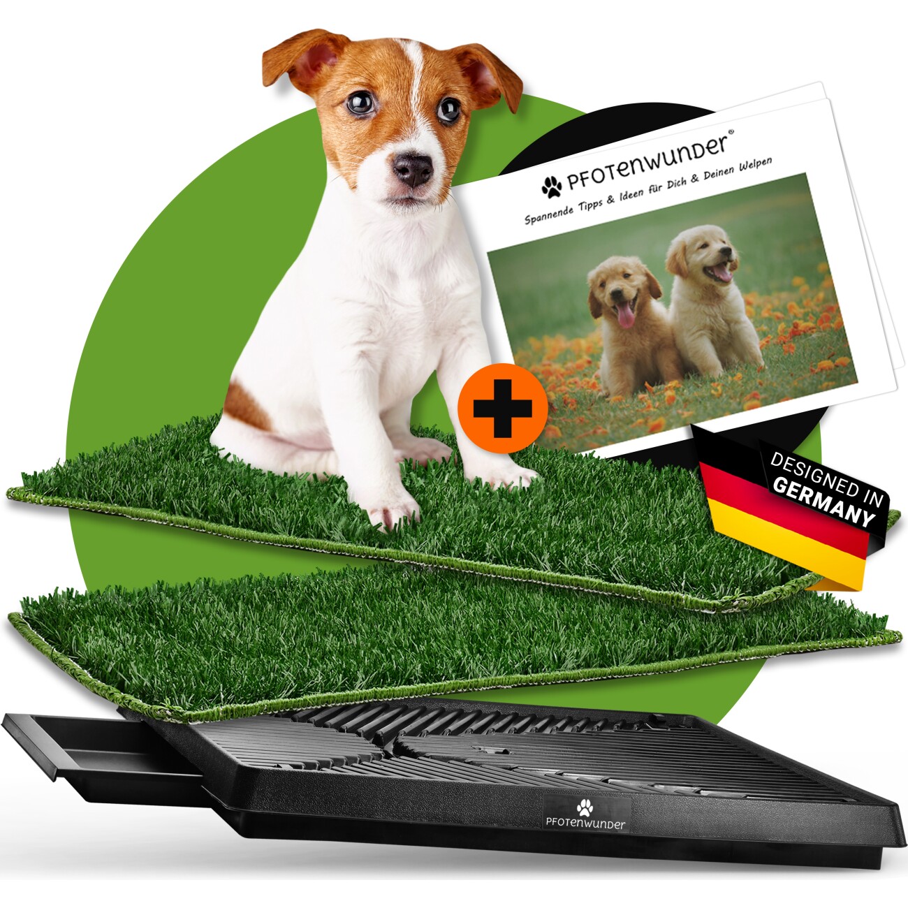 PfotenWunder® Hundeklo 63*51cm + 2 Easy-Wash-Rasen + 1 Büchlein, Hundetoilette für kleine & große Hunde, Festes Gras, Welpentoilette drinnen Welpenklo zuhause Gras Hundetoiletten Balkon Indoor WC Klo