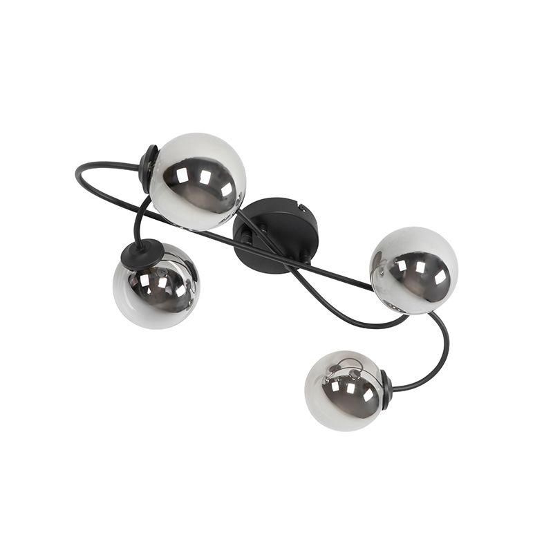 Moderne plafondlamp zwart 4-lichts met smoke glas - Athens