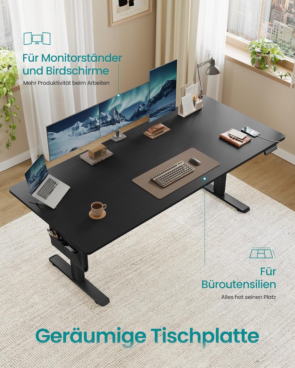 SONGMICS Höhenverstellbarer Schreibtisch elektrisch, 180 x 80 cm, Memory-Funktion mit 4 Höhen, USB-C-Anschluss, tintenschwarz LSD138BZ01