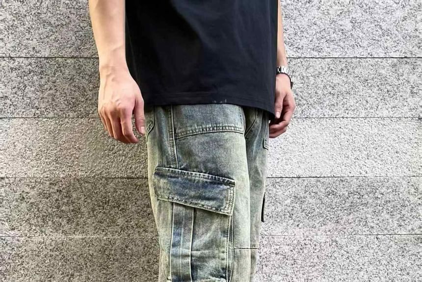 Adotuiastic - Mid Rise Washed Loose Fit Cargo Jeans
