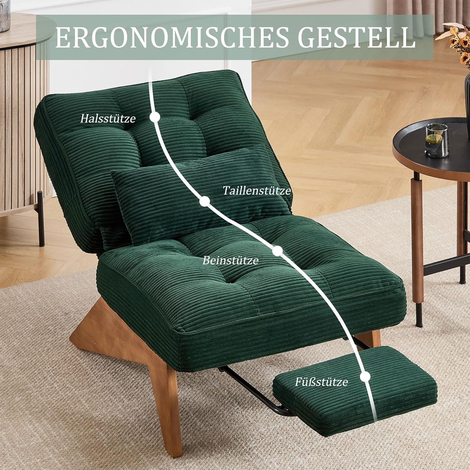 Loungesessel Verstellbar mit Fußstütze & Lendenkissen | Moderner Relaxsessel für Wohnzimmer | Rückenfreier Liegesessel aus Kordstoff | Massivholzbeine | Max. 220KG, (Smaragdgrün)