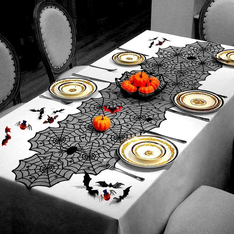 (180x45cm) Spinnen Netz Tischläufer Halloween Party Accessoire Deko Tischtuch - Schwarz