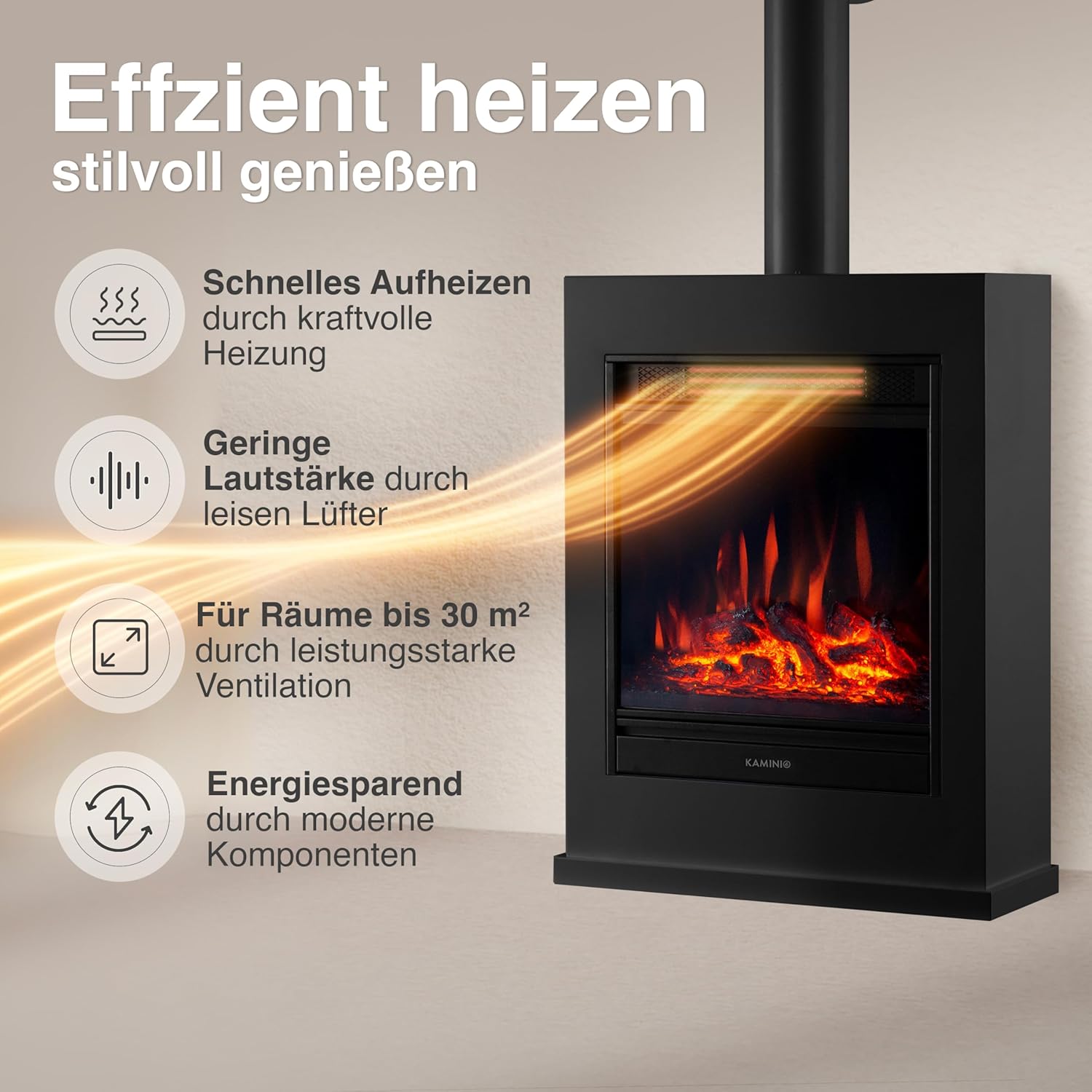 Elektrokamin Kalle - Elektrischer Standkamin mit Heizung, 3D-Flammeneffekt, Fernbedienung (Schwarz mit Rohr)
