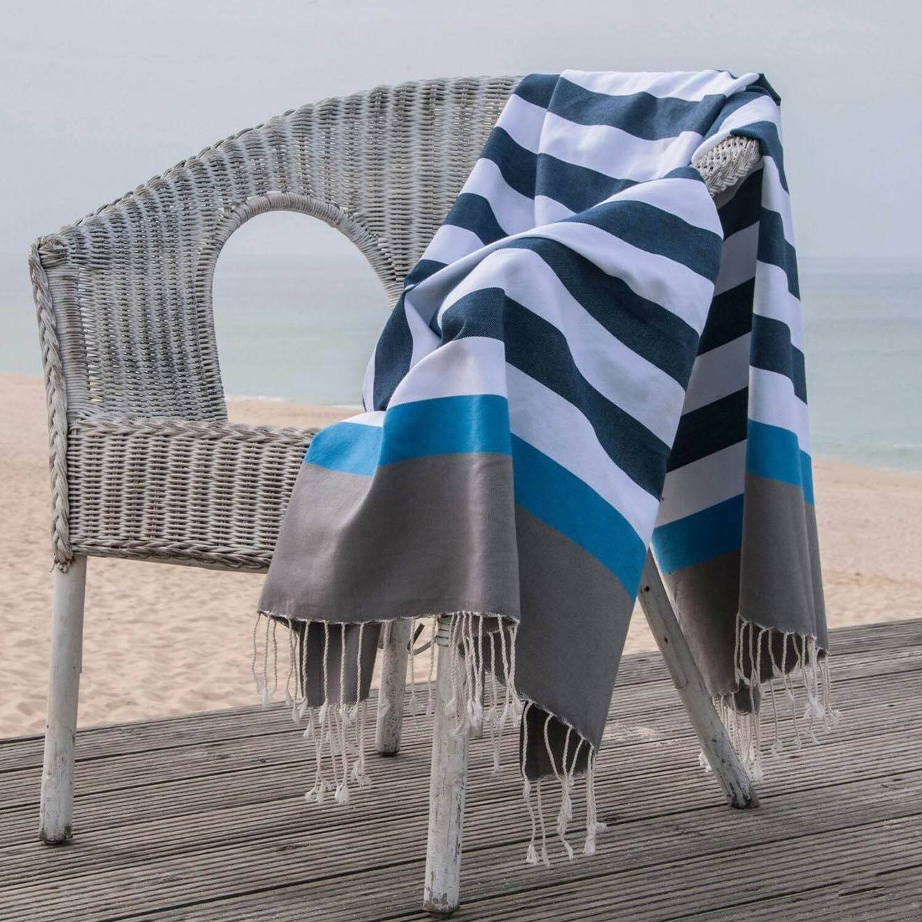 Febronie Fouta Arcachon blanc/taupe clair/bleu jean/bleu azur - 100x200 cm