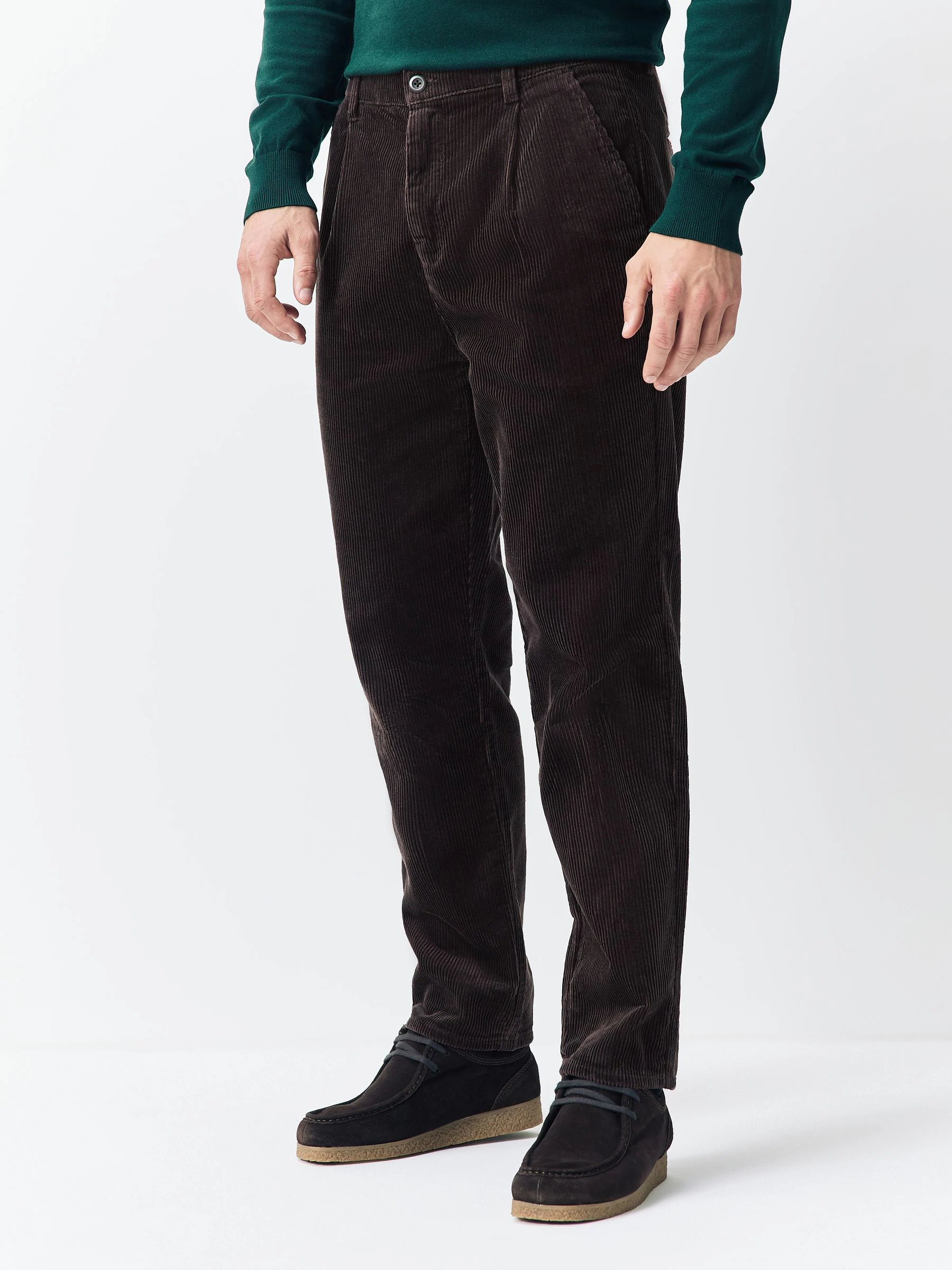Bruin - Standaard toelopende pasvorm - Corduroy Single Pleated Trousers
