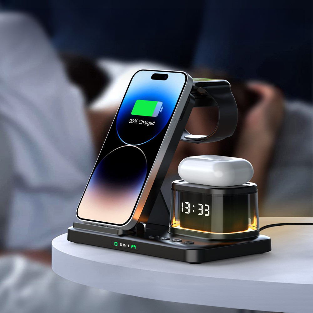 (15W) 5in1 Ladegerät Qi Wireless Charger für Smartphones / Apple Airpods / Apple Watch Ladestation mit Uhrzeit   Nachtlicht - Schwarz