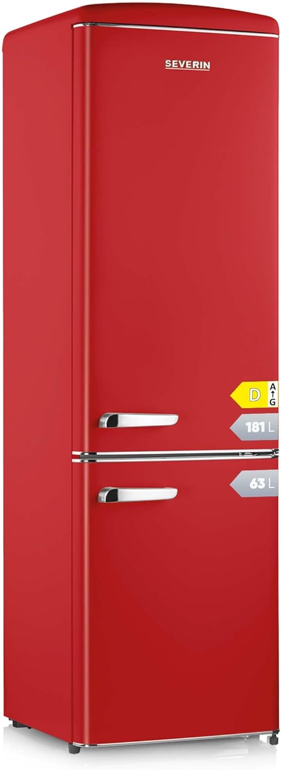 SEVERIN Retro Kühl- & Gefrierkombination, Kühlschrank im Retro-Design mit Chrom-Applikationen, LED-Beleuchtung, 1-7°C, 244 L Nettovolumen, nur 39 dB, rot, RKG 8917 [EEK D]