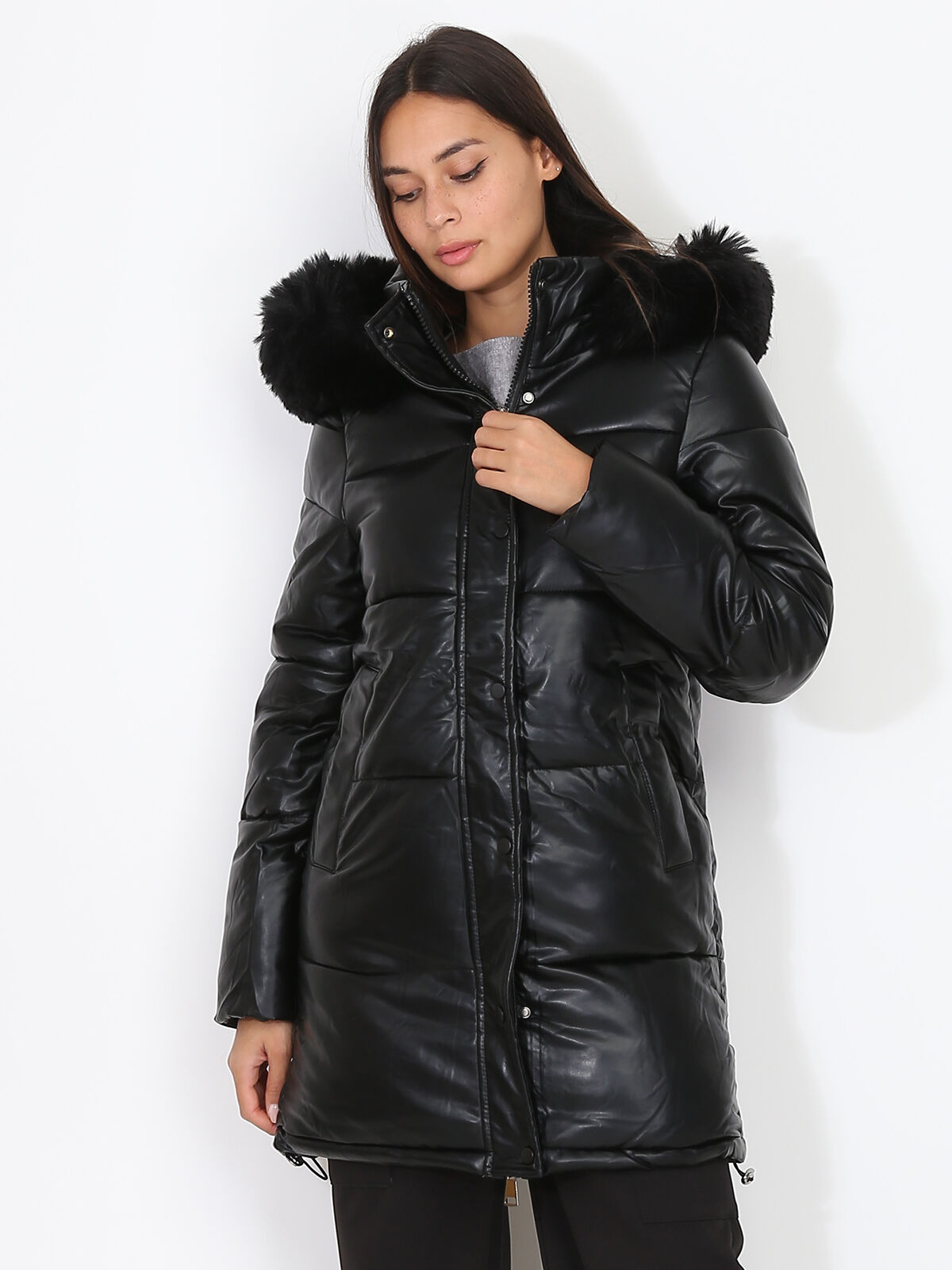 Doudoune matelassée en simili à capuche- Noir