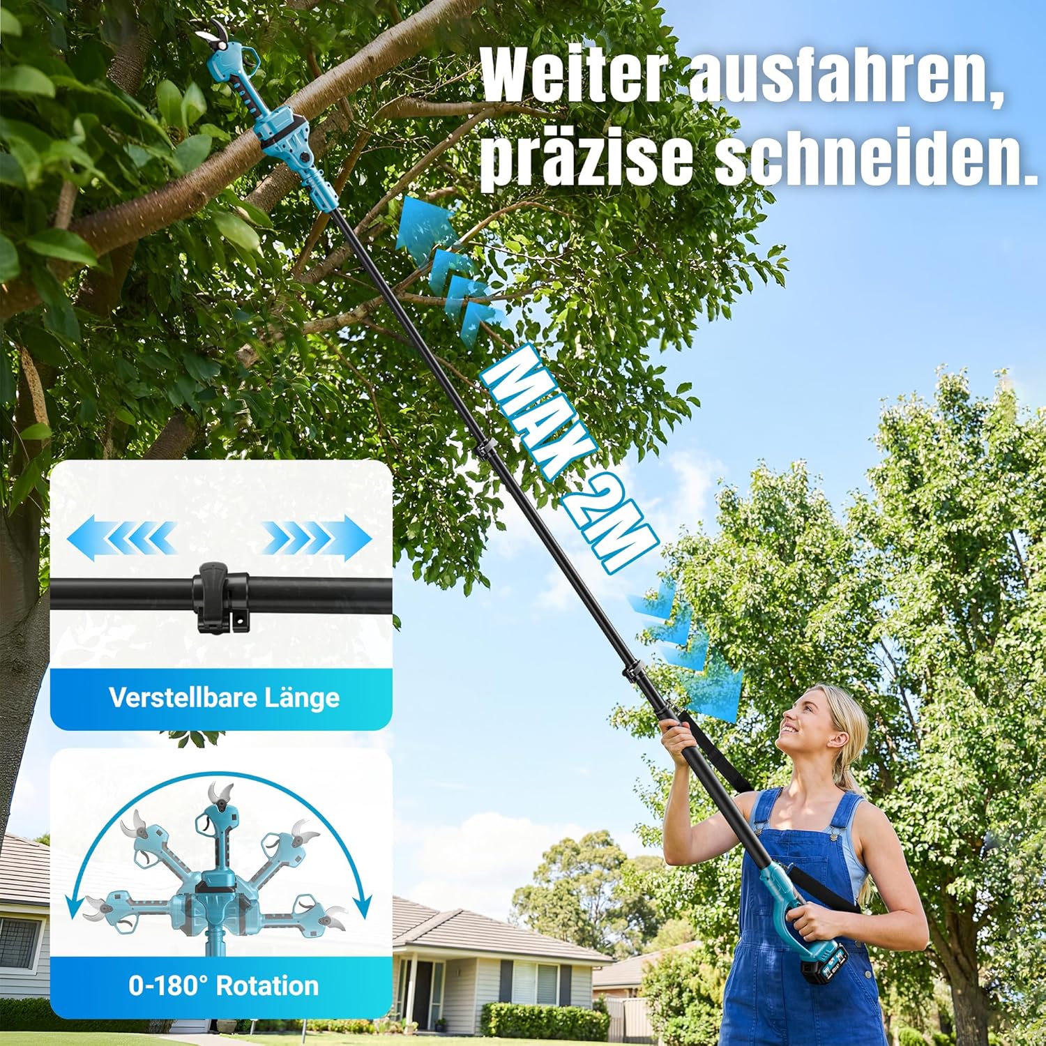 2 in 1 Akku Astschere Teleskop, 40mm Elektrische Gartenschere Professionelle mit 2M Teleskopstange, 2x2000mAh Batterien, Arbeitsreichweite 4M, für Garten Äste Obstgärten