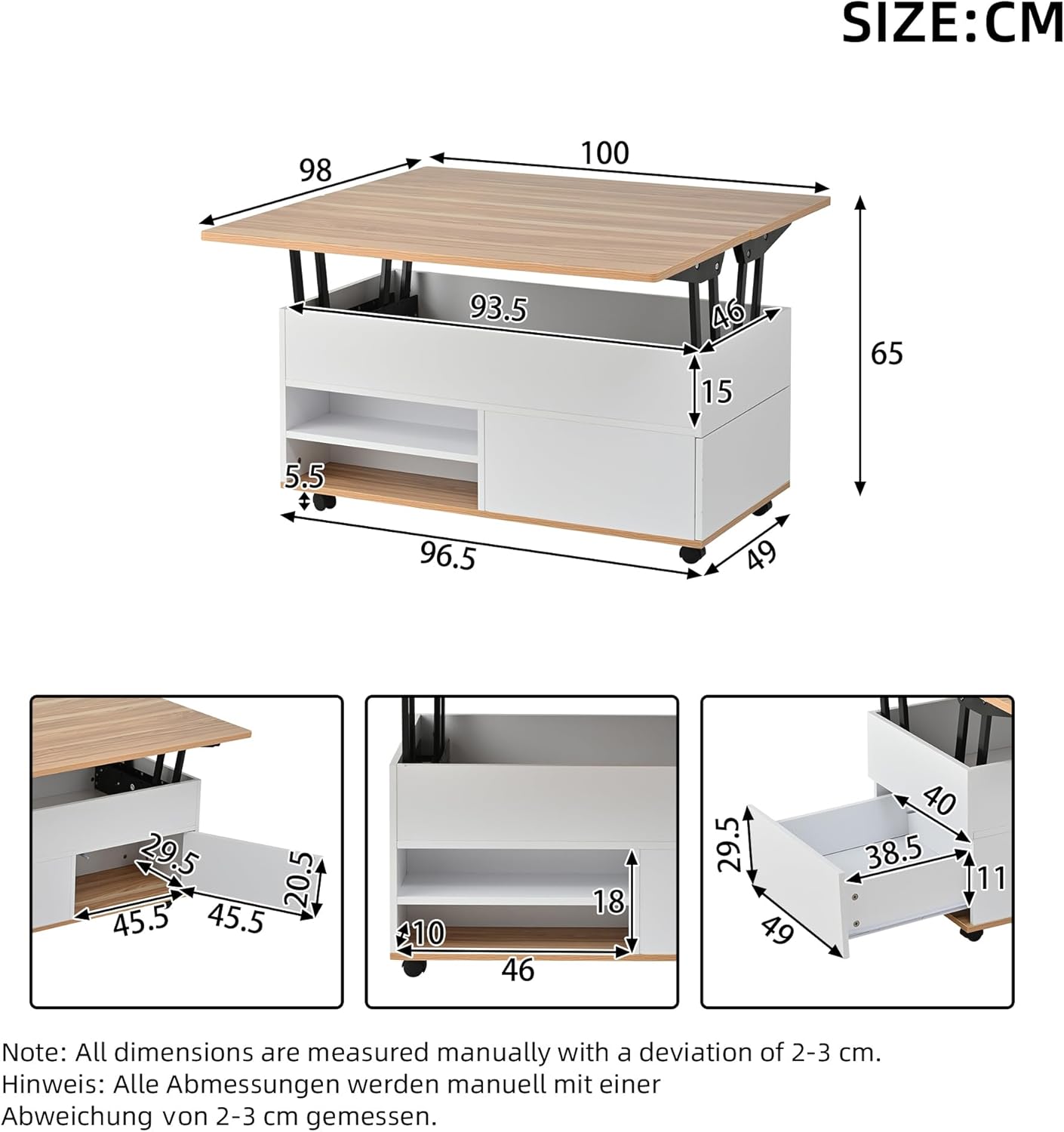 Merax Couchtisch, höhenverstellbarer Wohnzimmertisch, 3-in-1-Multifunktions-Kaffeetisch mit Verstecktem Stauraum & Schubladen & Rollen, Umwandelbar in Esstisch, Sofatisch für Büro, Weiß & Holzfarbe