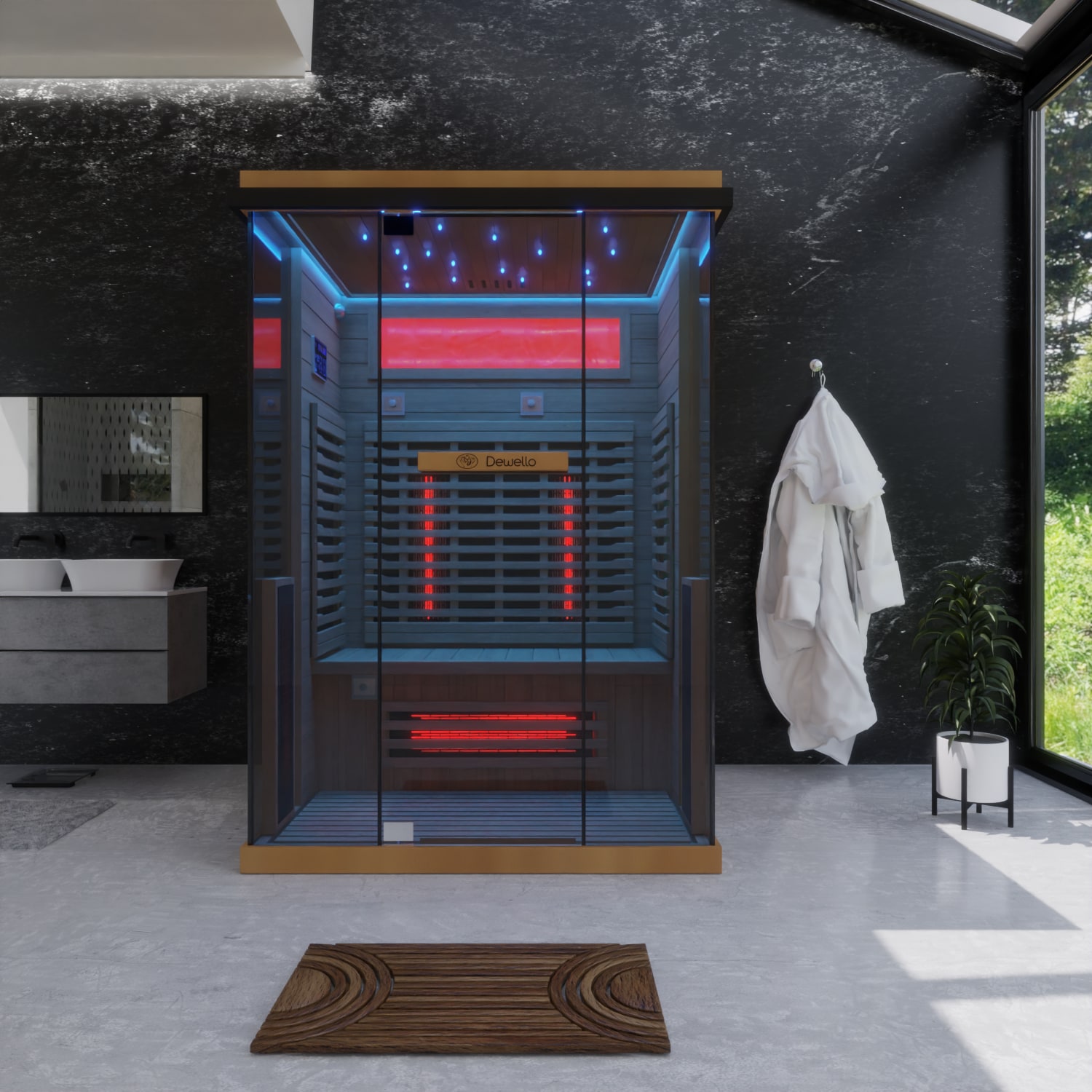 Dewello® Infrarotkabine Infrarotsauna KENORA 130x105 für 1-2 Personen aus Hemlockholz, Dual Therm