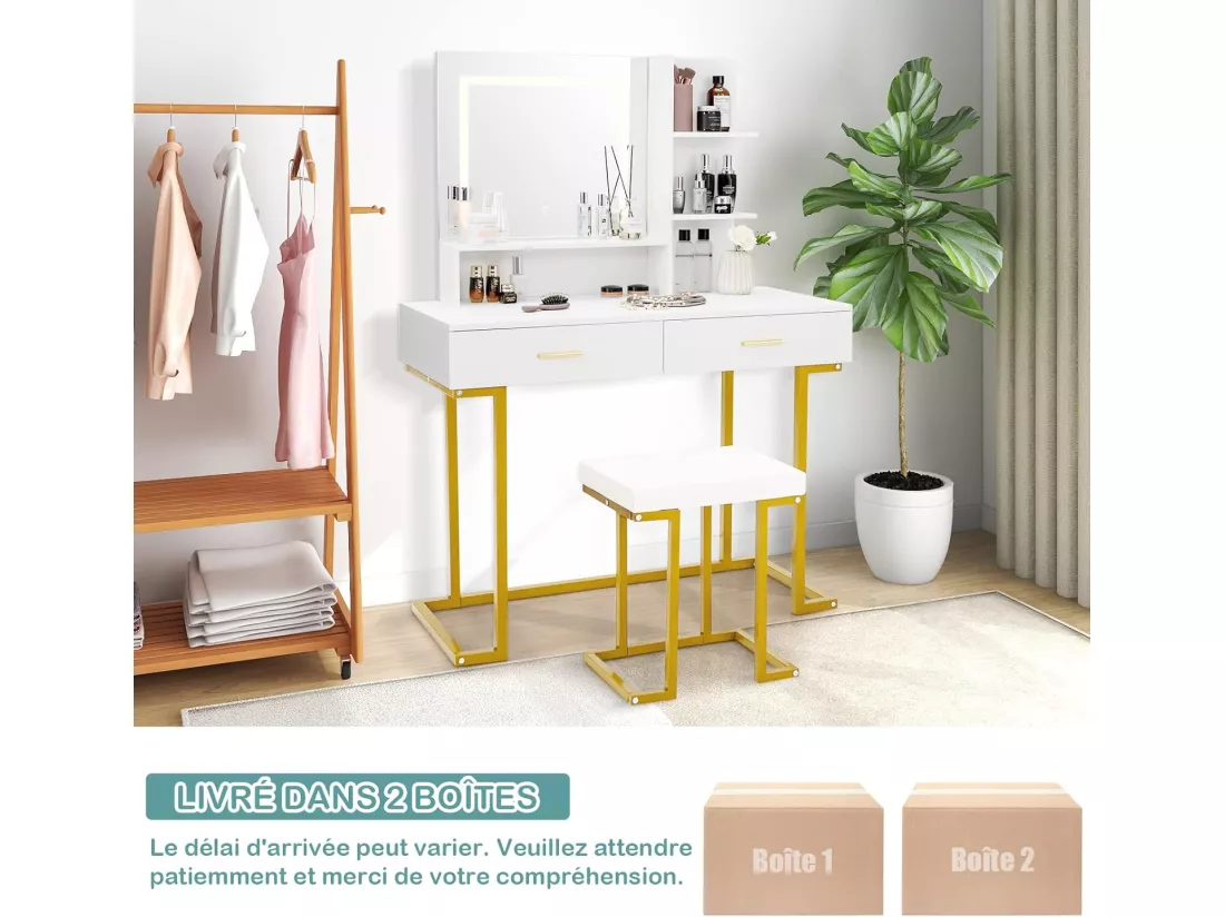 Coiffeuse avec Miroir Lumineux et Tabouret, Table de Maquillage Luminosité Réglable Cadre en Acier Doré avec 2 Grand Tiroirs, 2 Étagères, 1 Compartiment pour Chambre, Vestiaire (Blanc+Doré)