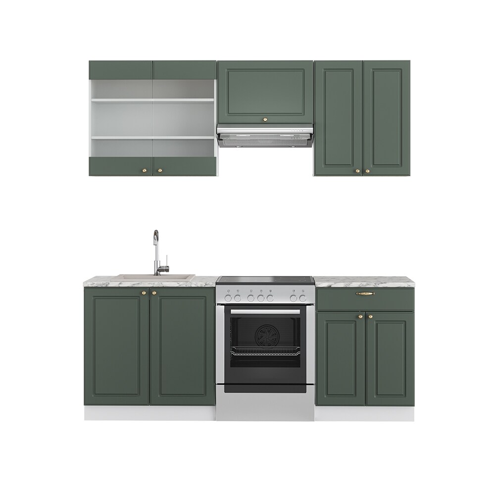 Vicco Küchenzeile Küchenblock Einbauküche Fame-Line Landhaus Weiß Grün Gold 200 cm Küchen Schränke Schubunterschrank Spülenunterschrank Hängeschrank Hängeglasschrank