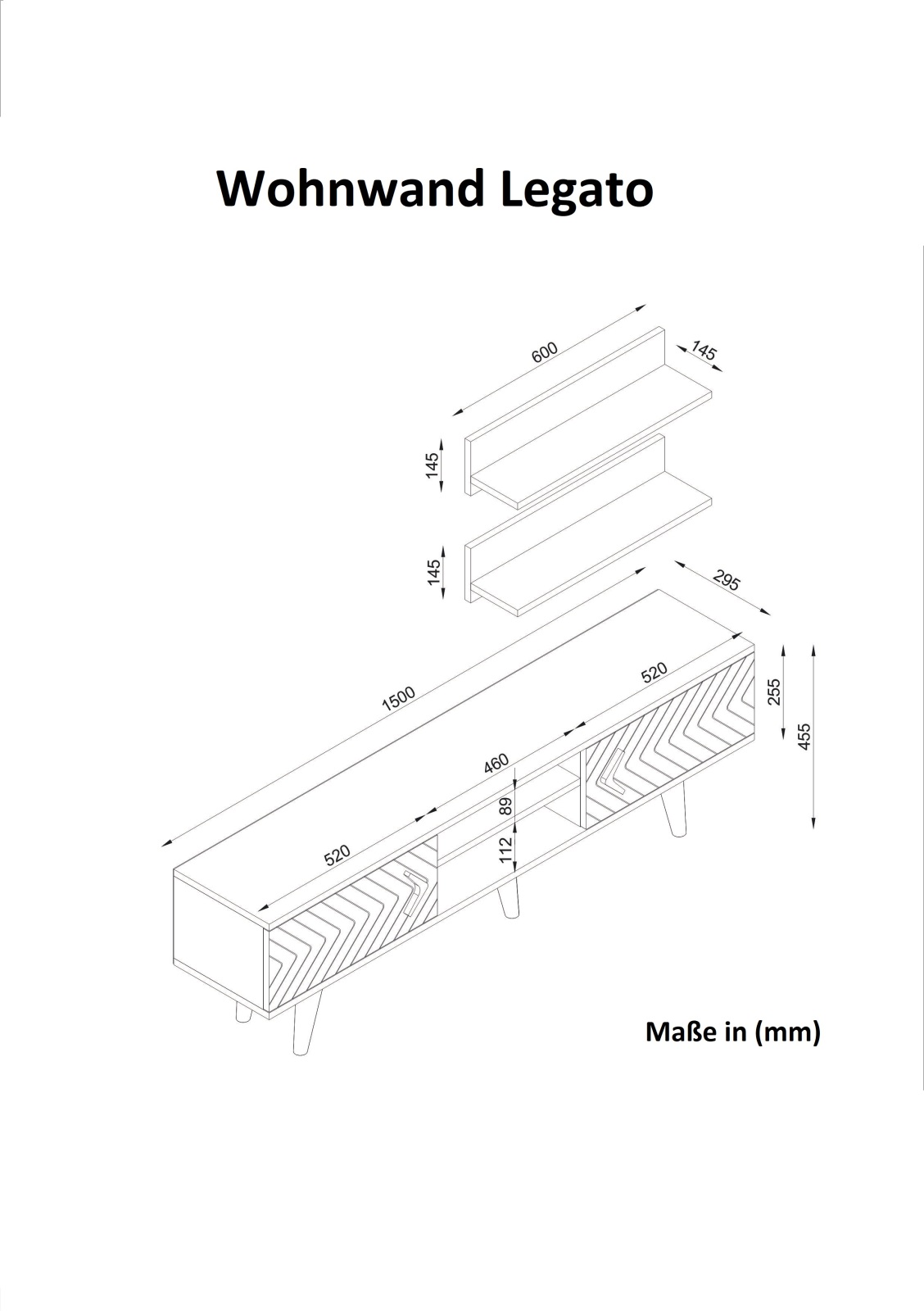 3-teilige Wohnwand- Walnuss - Metallgriffe - 150 cm