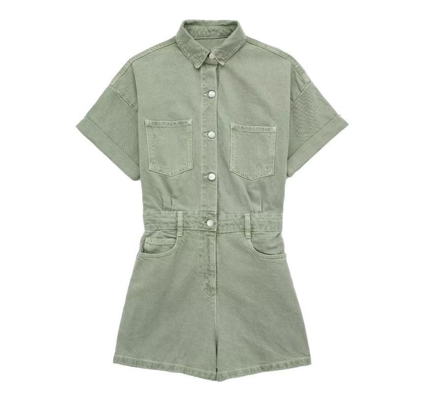 Indesi - Denim romper met korte mouwen, kraag en knoopjes