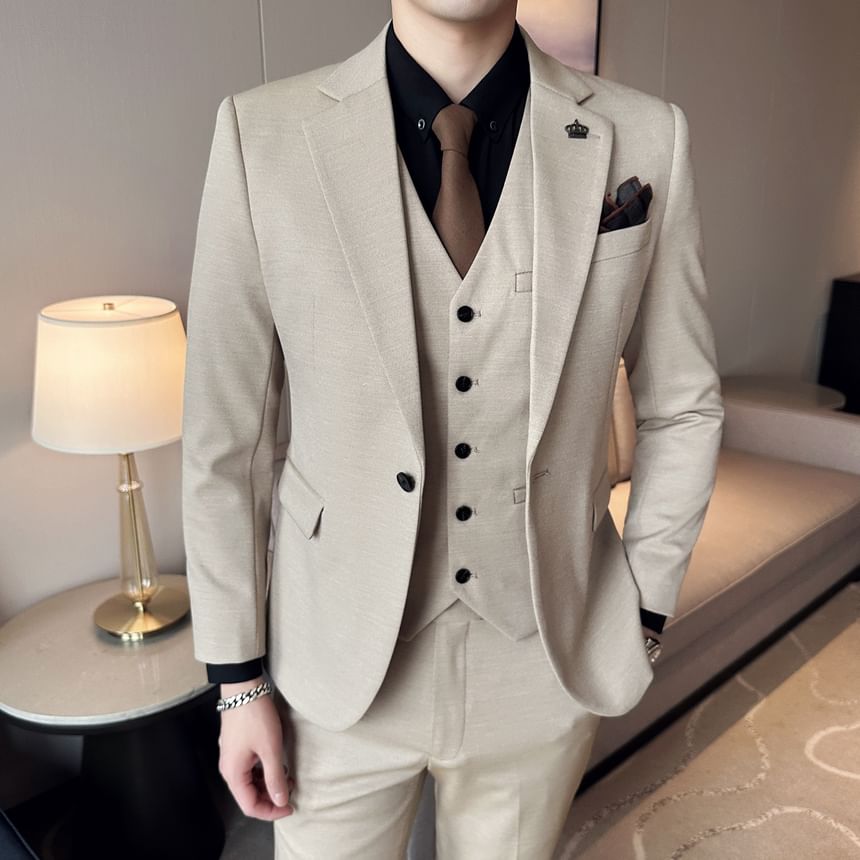 Blueforce - Set: Effen blazer + V-hals vest met knoopjes + Hoge taille rechte broek