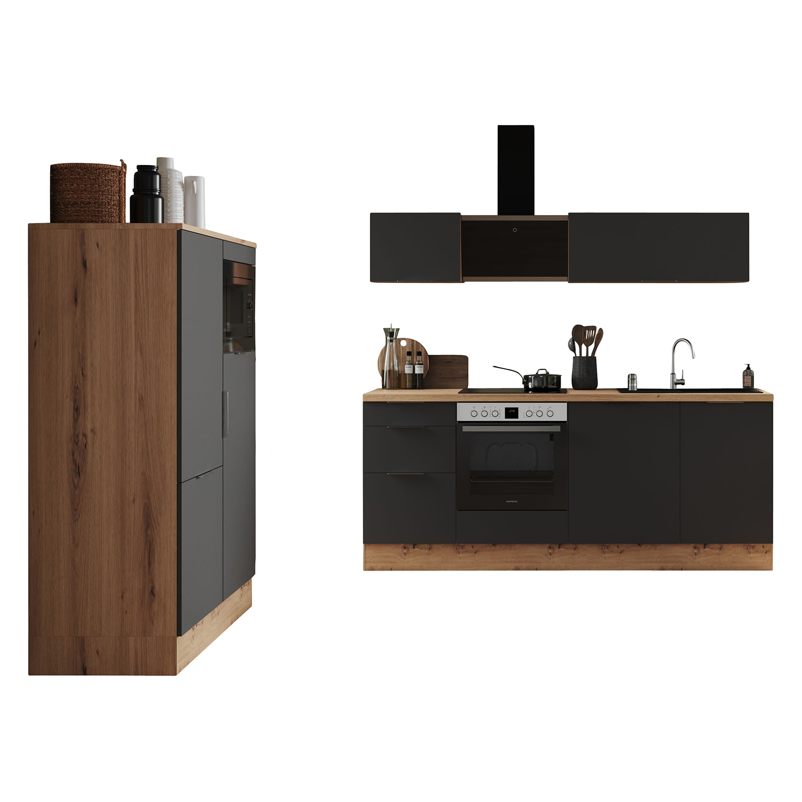 RESPEKTA Küchenblock - grau matt - Artisan Eiche - mit E-Geräten - 340 cm