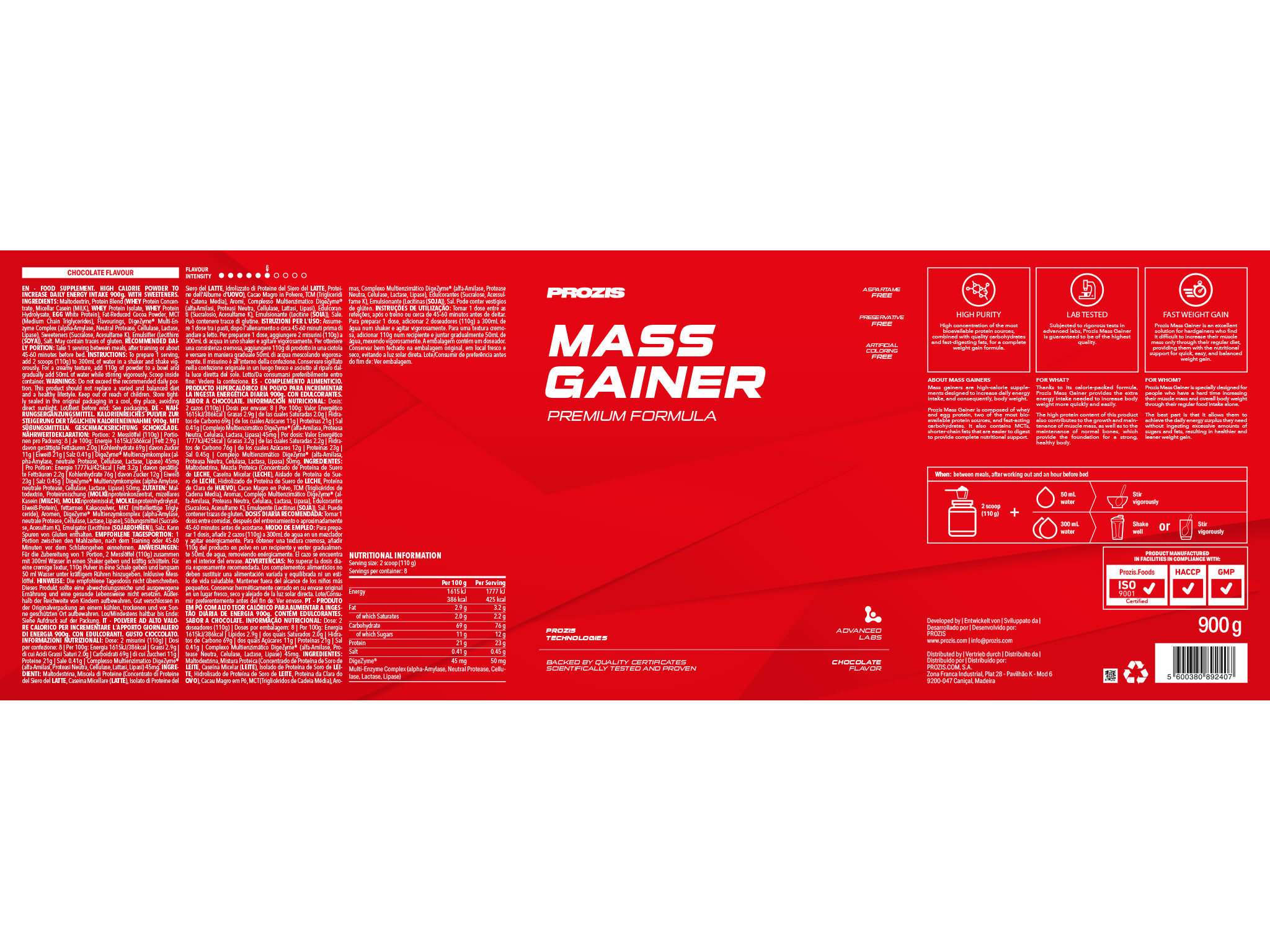 SUPLEMENTO PROZIS MASS GAINER CHOCOLATE 900G