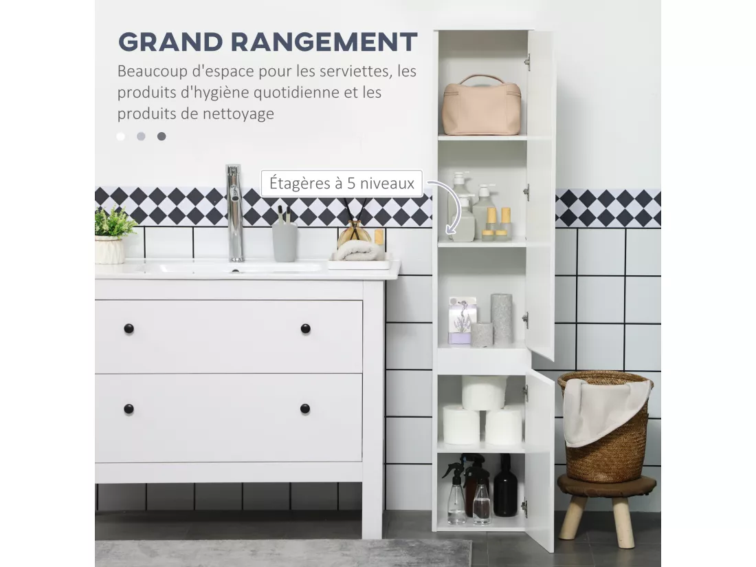 Meuble colonne rangement salle de bain 2 placards 3 étagères style contemporain blanc