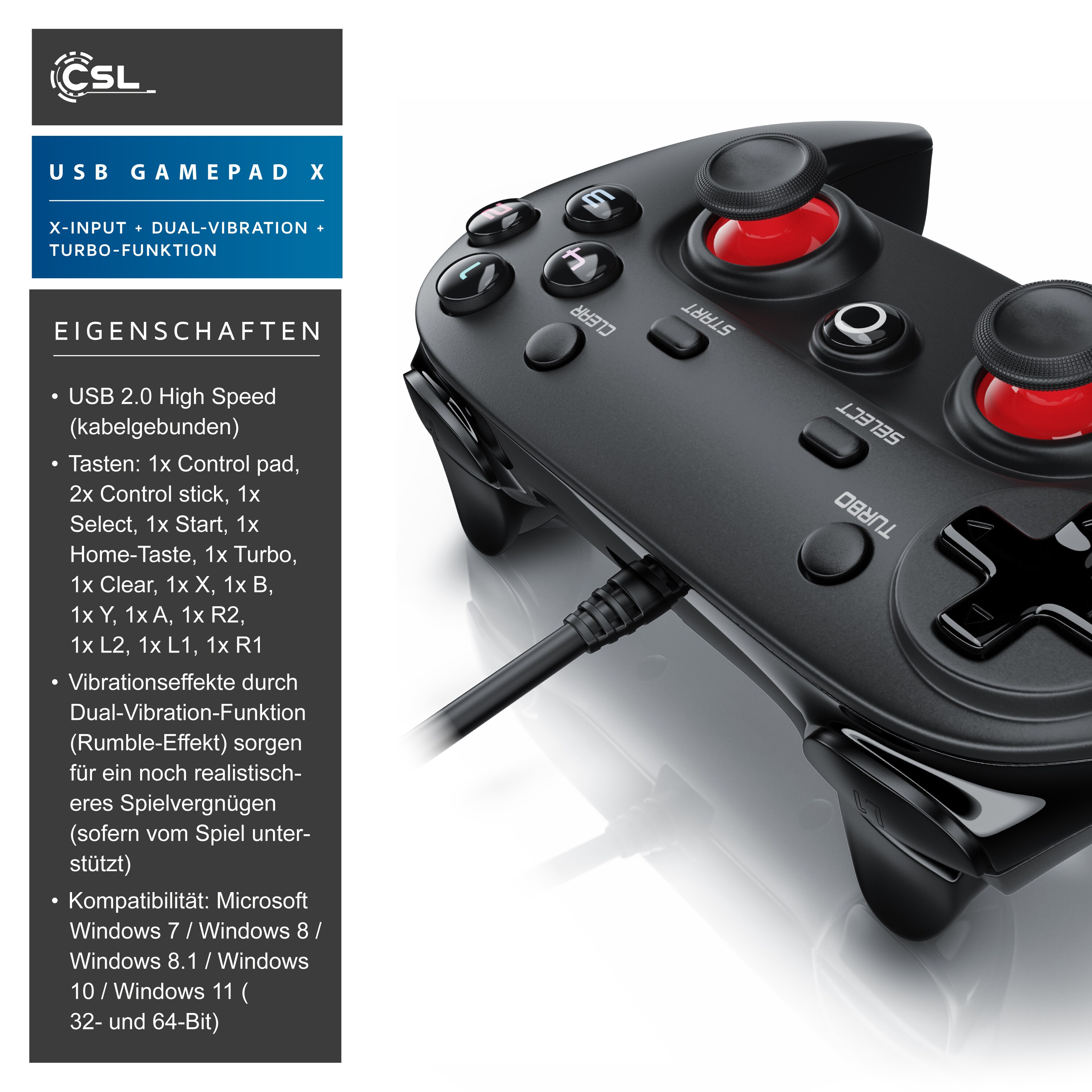 CSL 2x PC & PS3 Gamepad Controller mit Dual Vibration Turbo-Funktion / Direct-Input / X-Input