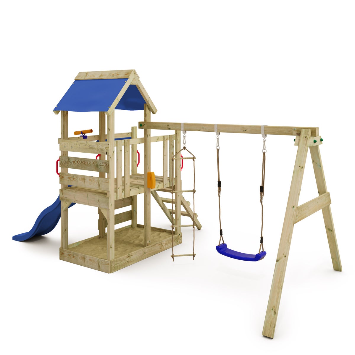 WICKEY TurboFlyer speeltoren klimtoestel met schommel en glijbaan, klimtoren met zandbak, ladder en speeltoebehoren - blauw