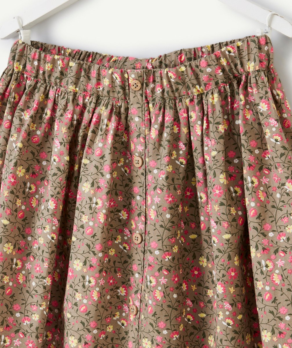 JUPE FILLE EN COTON BIOLOGIQUE KAKI À FRONCES AVEC IMPRIMÉ FLEURI