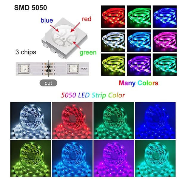 15M LED Stripe Lys RGB 5050 Musikksynkronisering Fargeskiftende LED-lys Applikasjonskontroll DC12V Fleksibel Romdekorasjon Lampestripe