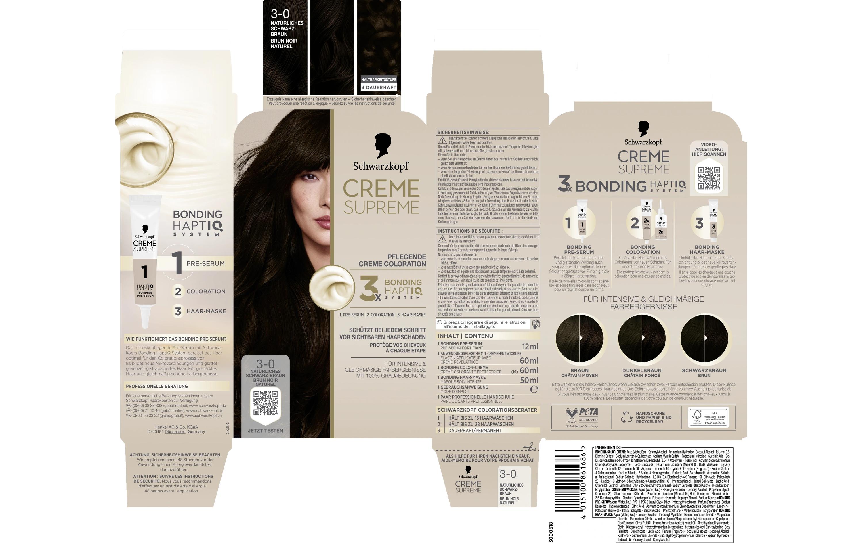 Haarcoloration Creme Supreme 3-0 Natürliches SchwarzbraunColoration, schützt das Haar sichtbar vor Haarschäden