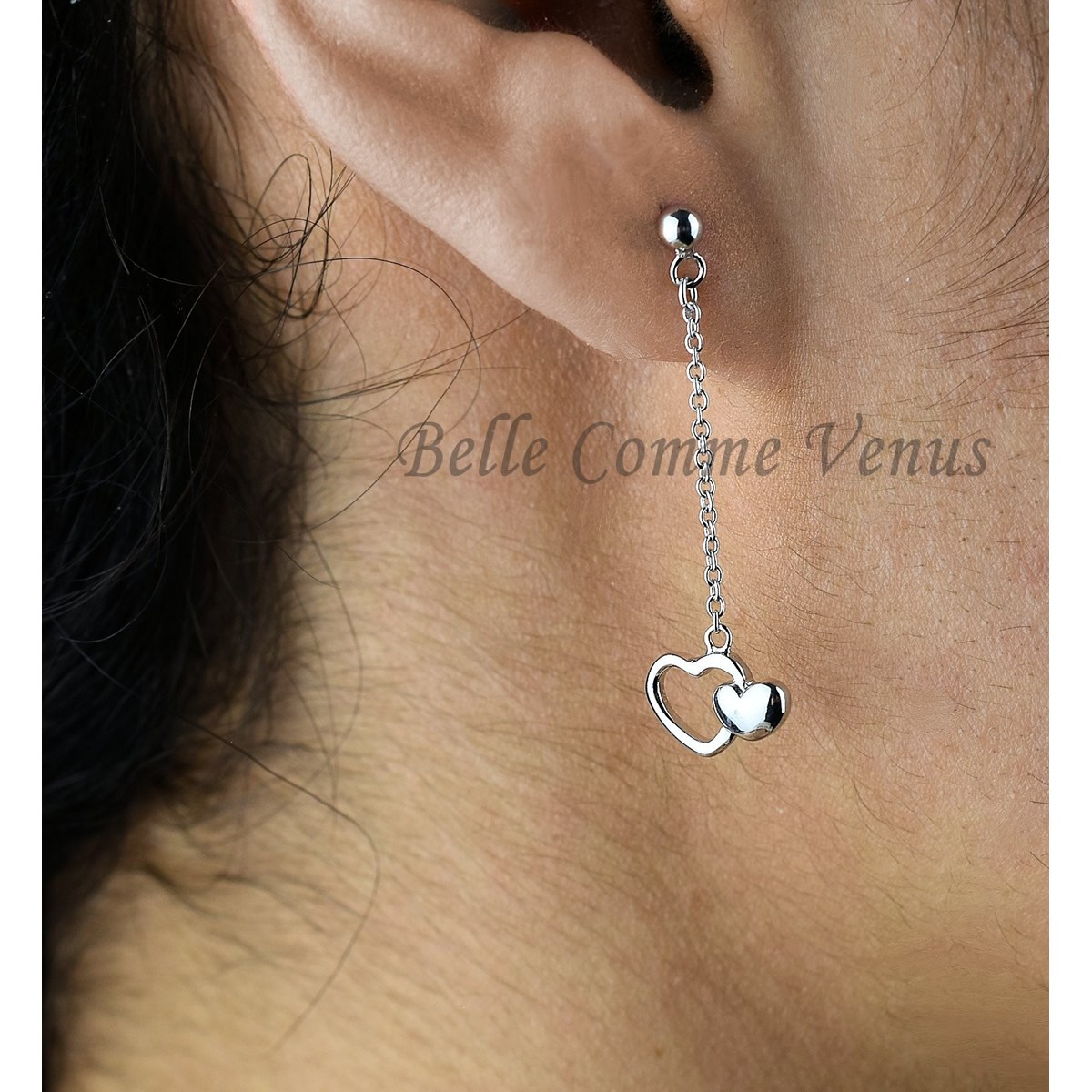 Boucles d'oreilles 2 coeurs chaînettes pendantes Argent 925 Rhodié