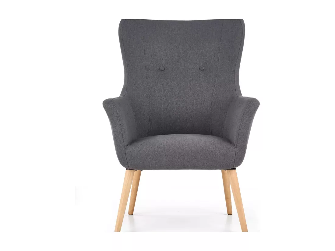 Fauteuil rembourré en tissu gris foncé avec dossier haut et pieds en bois de caoutchouc WISH