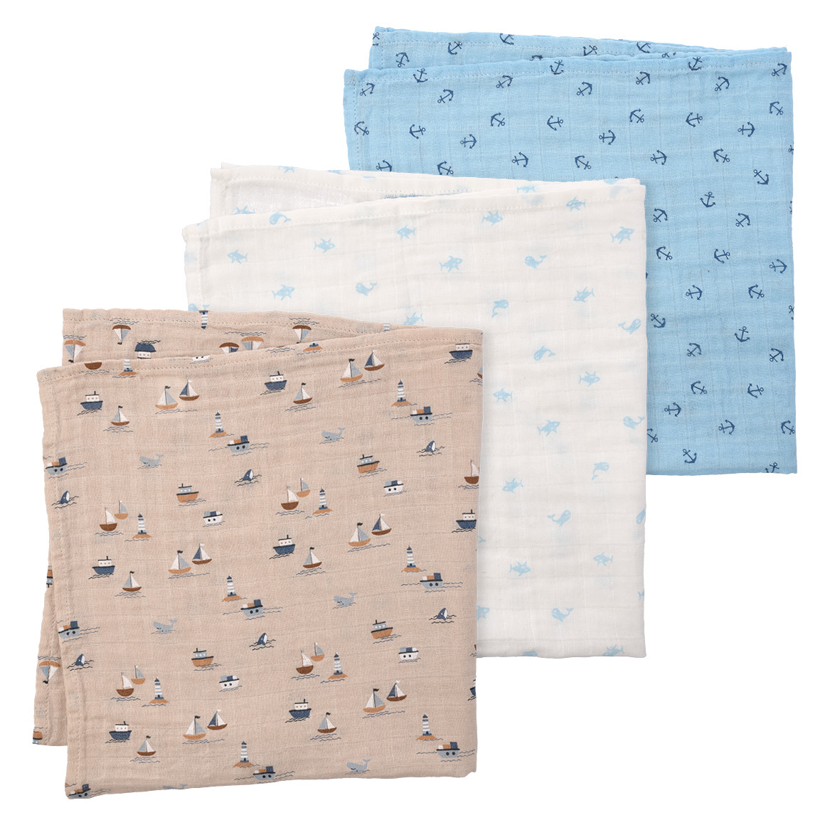 Topomini 3 Musselintücher 60 x 60 cm blau / beige / weiss