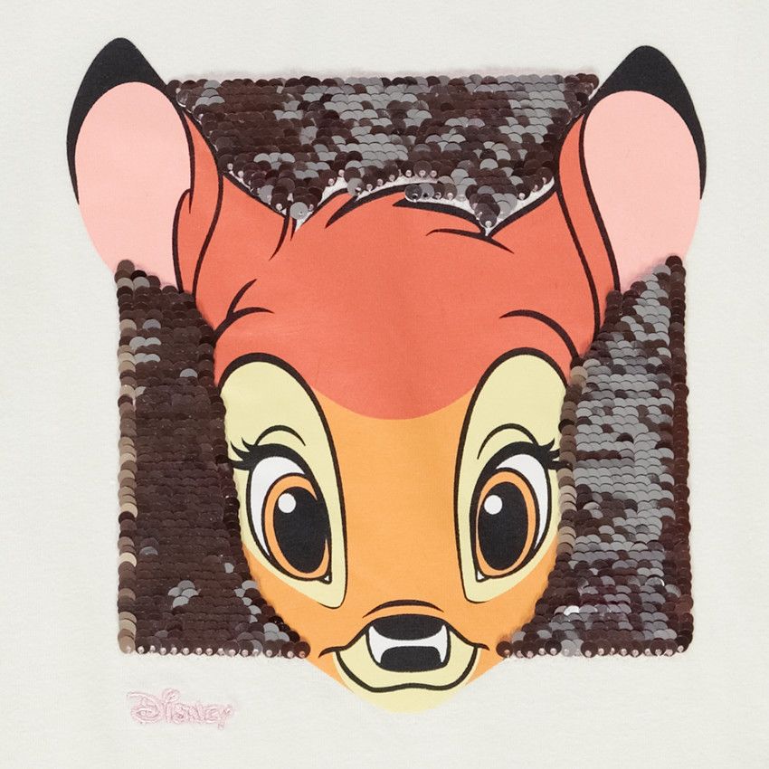 T-shirt manches longues en jersey sequins magiques Bambi pour fille - Ecru