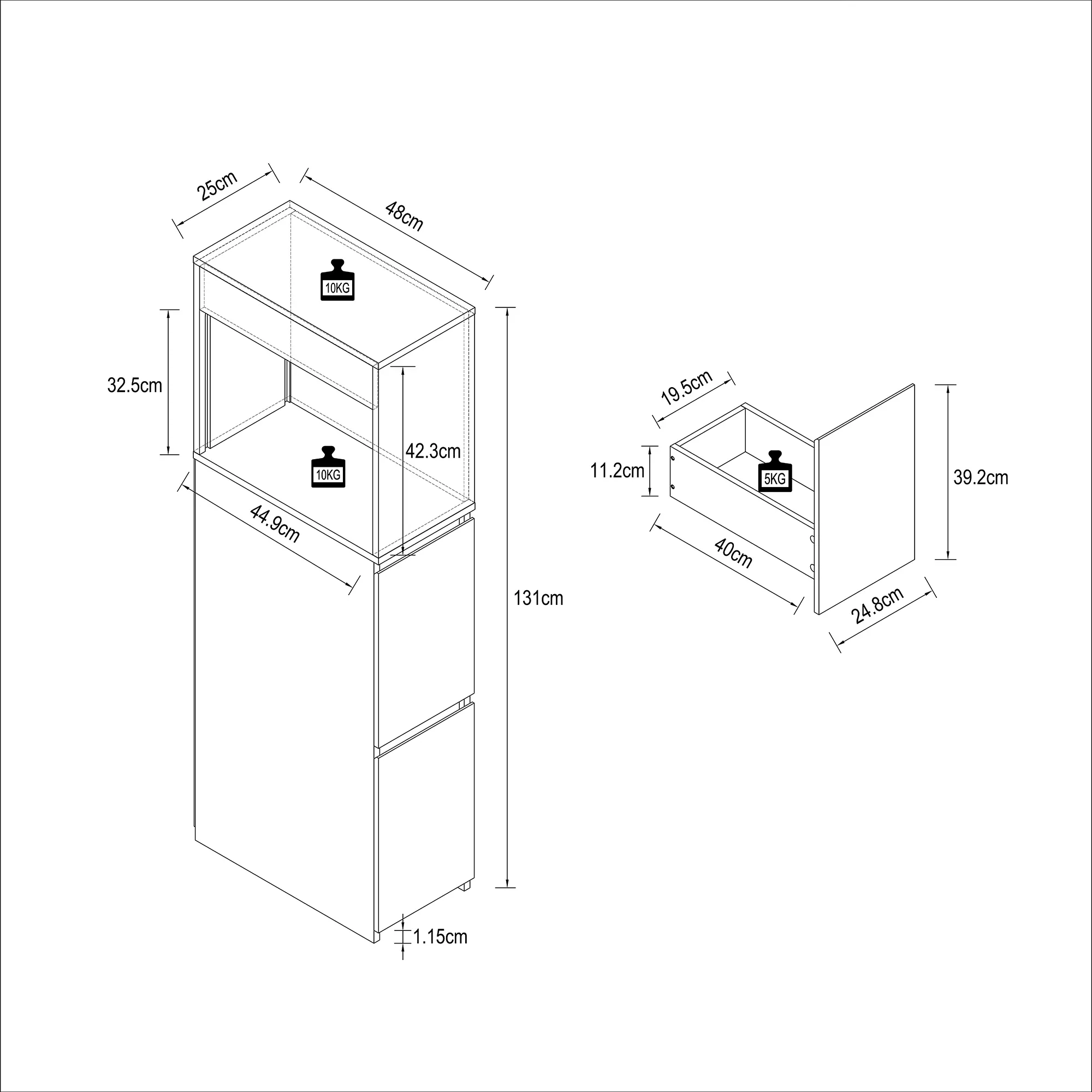VCM Badmöbel Nischenschrank Raumteiler Badschrank Midischrank Schublade Tasalo