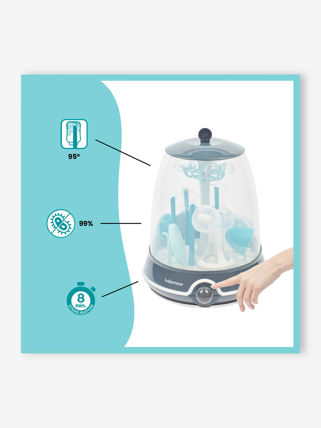 Esterilizador elétrico a vapor BABYMOOV Turbo, livre de BPA, azul médio