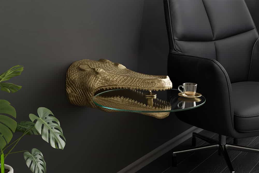 Design Hängetisch WILDLIFE CROCODILE 75cm gold Krokodil oval Glas Beistelltisch