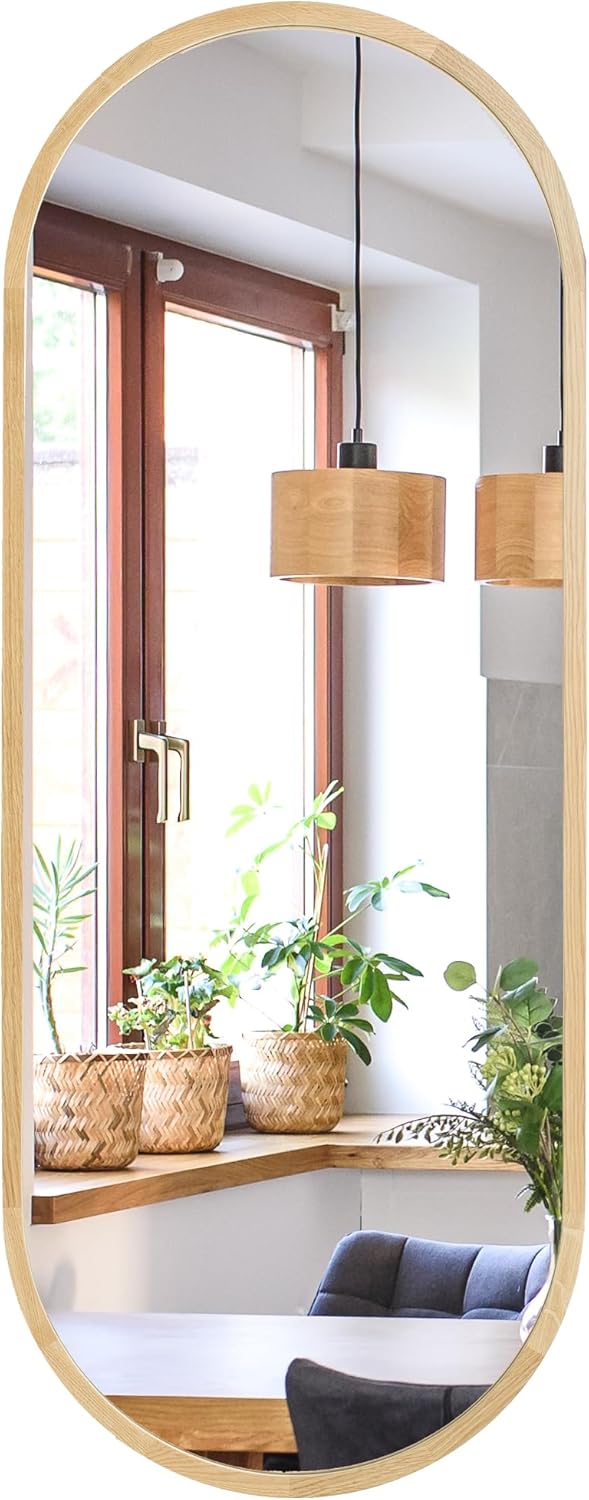 Ovaler Bad Spiegel (80x38 cm) - Wandspiegel mit Holzrahmen - Oval Spiegel mit Holz Eiche für Badezimmer, Flur, Wohnzimmer, Schlafzimmer - Stilvoller Eichenholz Badespiegel LEJA