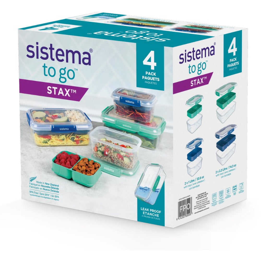 Køb Sistema Minty Teal / Ocean Blue Club 4-Pak Stax To Go Madkasser 2.2L | Luksusbaby