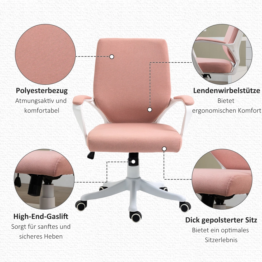 Vinsetto Bürostuhl ergonomisches liniendesign, weiche Polsterung rosaweiß