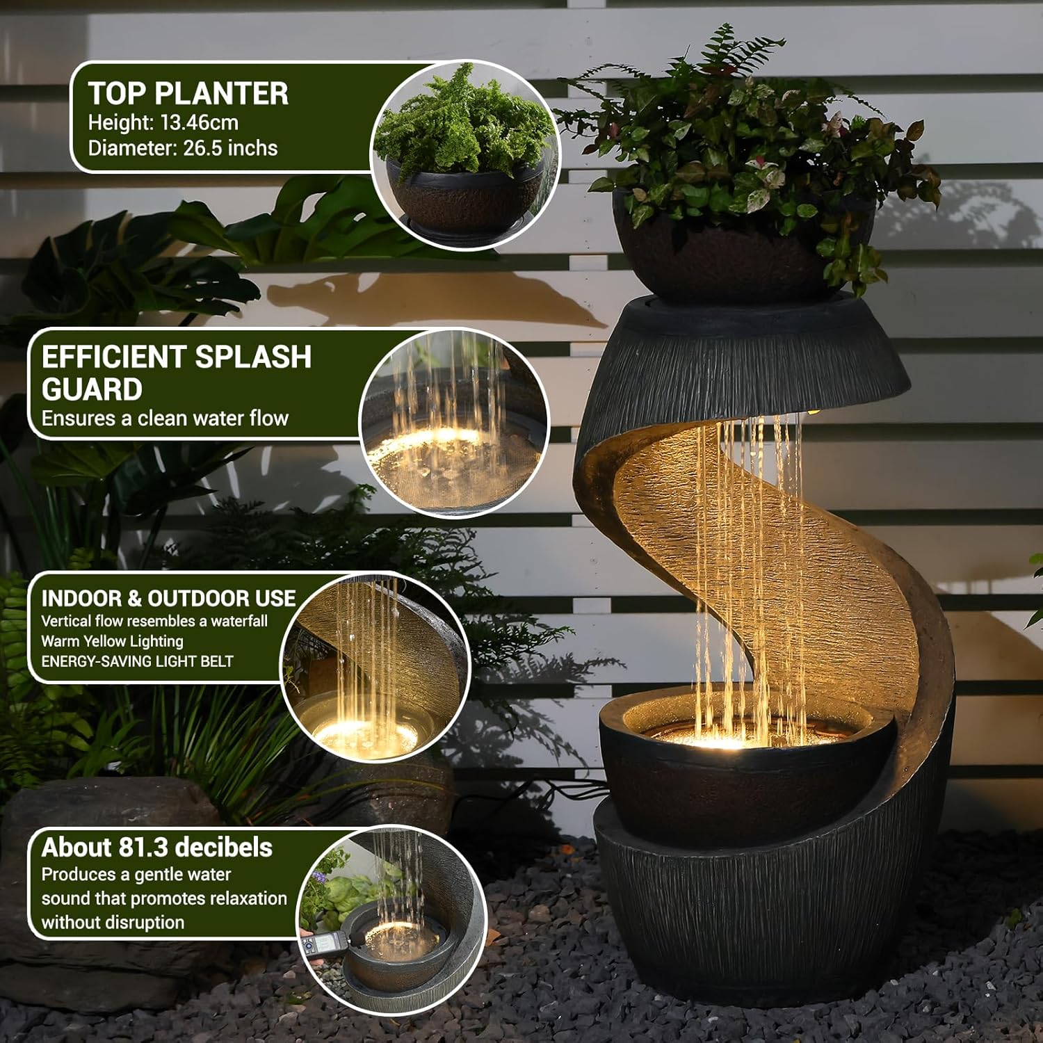 Gartenbrunnen Brunnen Zierbrunnen Zimmerbrunnen Brunnen Springbrunnen mit LED-Licht Wasserfall Wasserspiel für Garten,Balkon,Terrasse 82 cm Tall