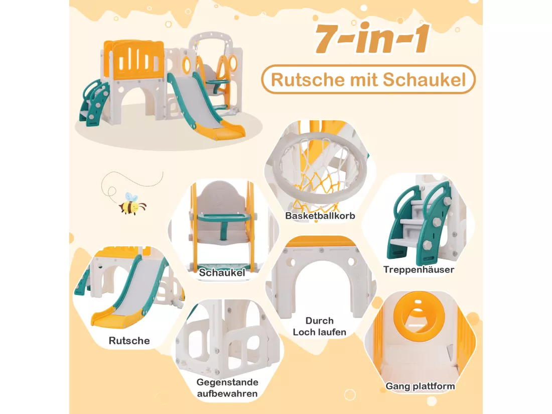 Toboggan 7 en 1 pour enfant, avec balançoire, plate-forme, zone de rangement, arcade, panier de basket, escalier, PEHD, vert+jaune