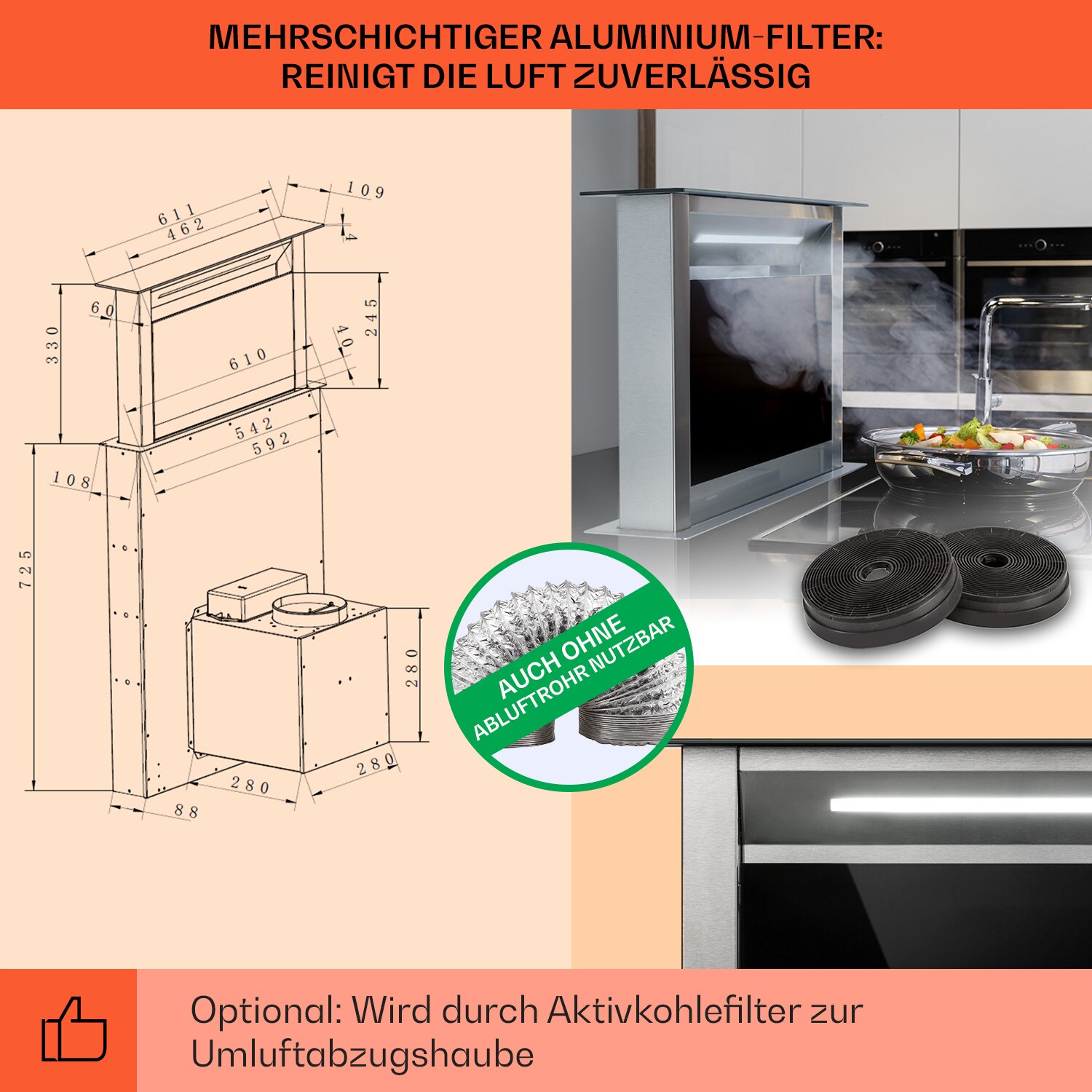 Royal Flush Eco Dunstabzugshaube 60 cm 576 m³/h A+ Schwarz