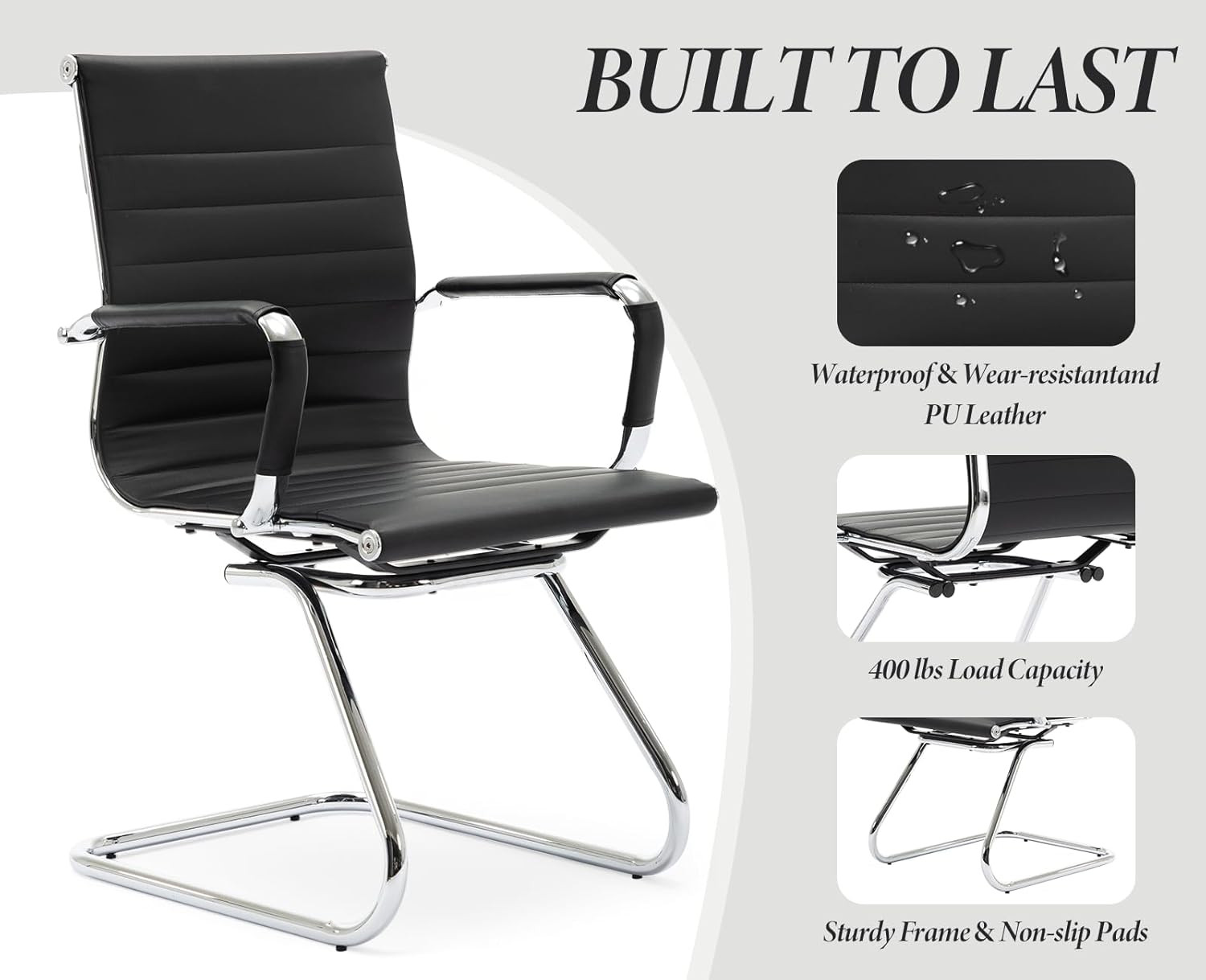 chairus Freischwinger Stühle 2er Set, PU-Leder Besucherstuhl Konferenzstuhl Ergonomisch mit Armlehnen, Bürostühle Konferenz-Raum/Wartezimmer/Büro,Schwarz