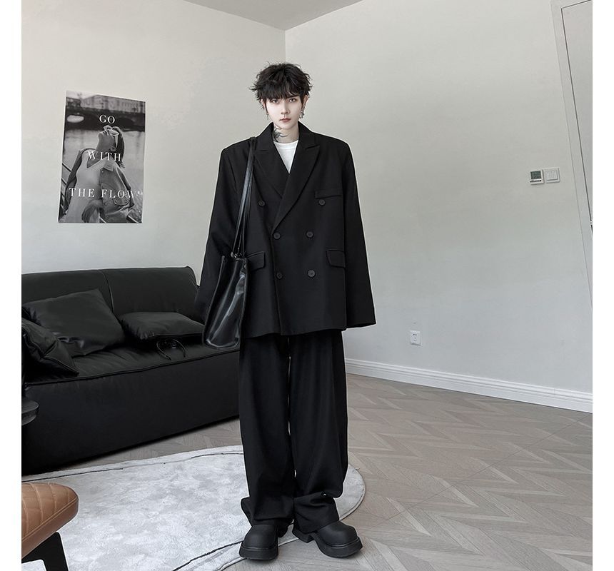Omozando - Set: Effen dubbelrijs blazer + Hoge taille wijde broek