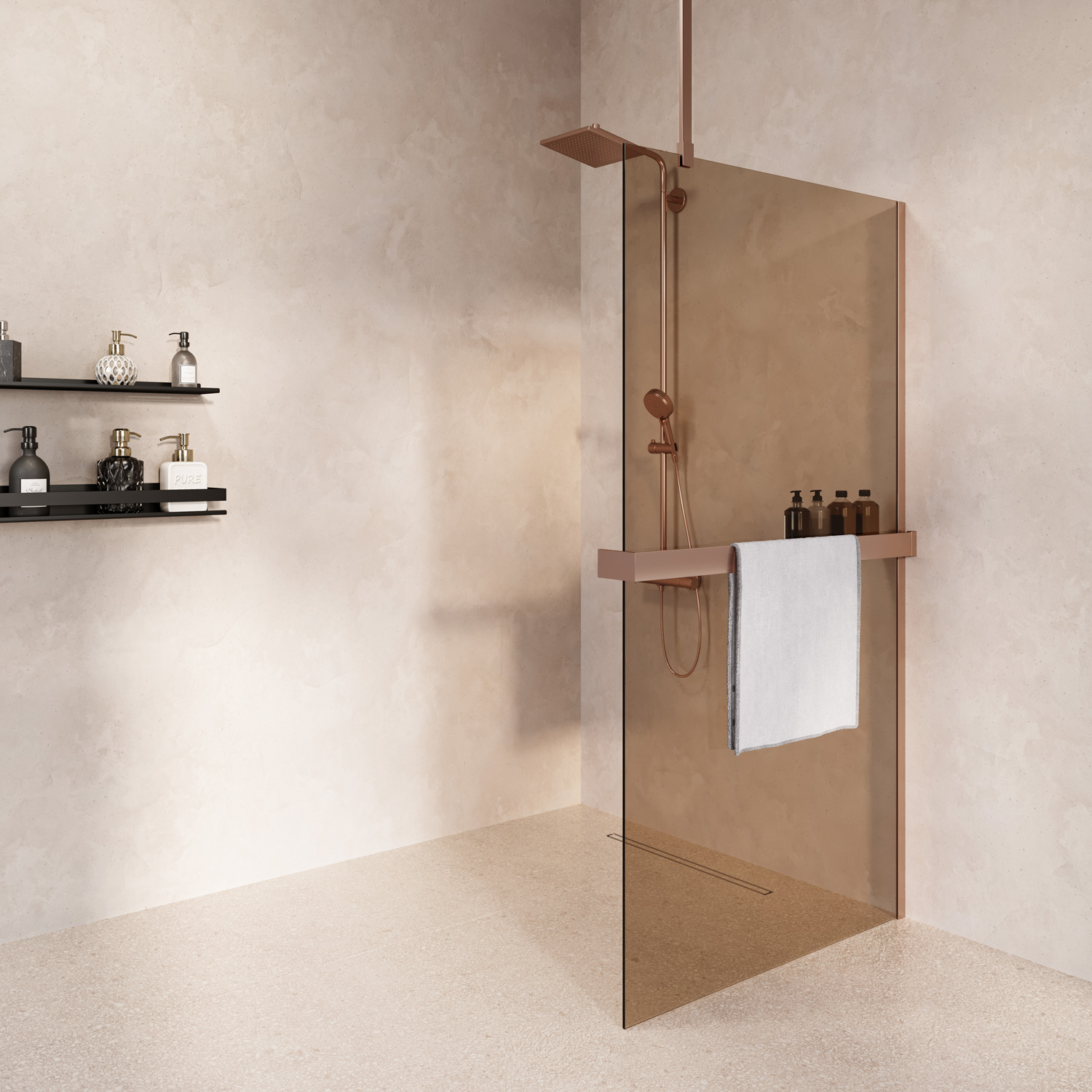 Saniclear Bright inloopdouche 120cm met handdoekhouder en bronsglas geborsteld koper