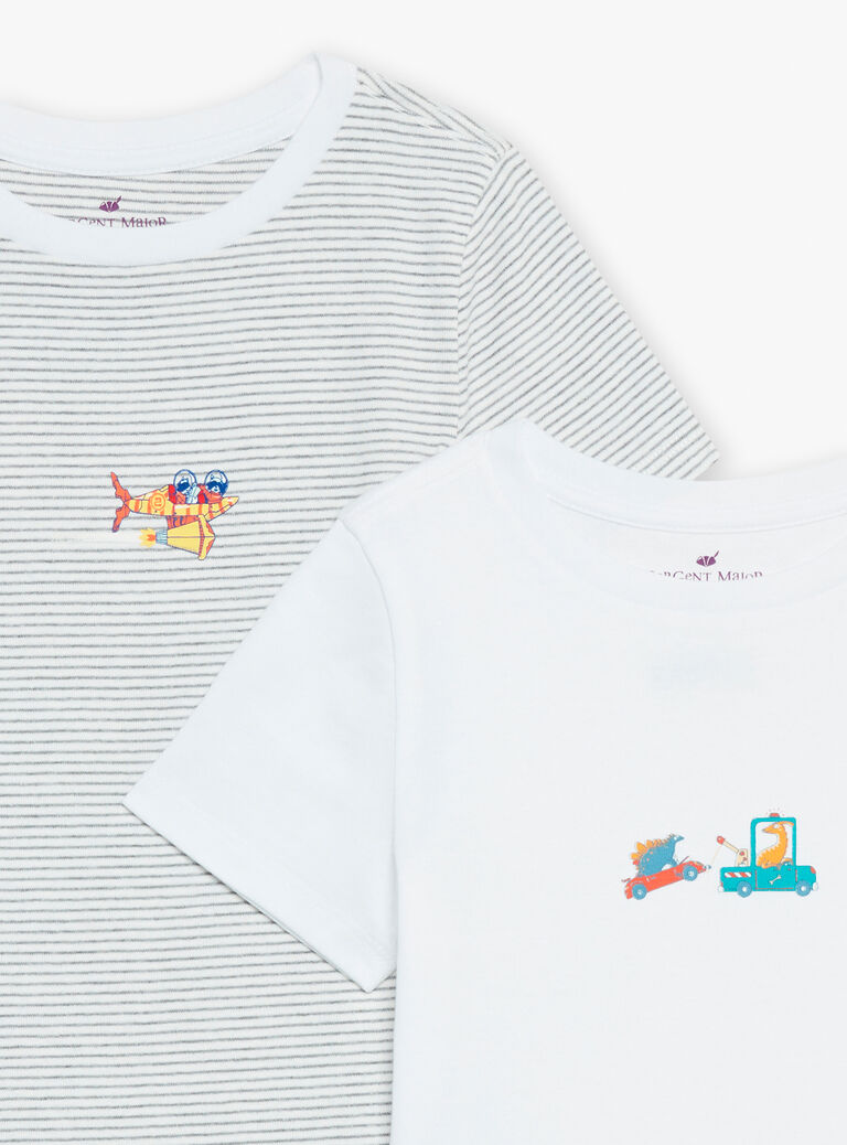 2 T-shirts écrus à imprimé à rayures et motifs vaisseau spatial et voitures