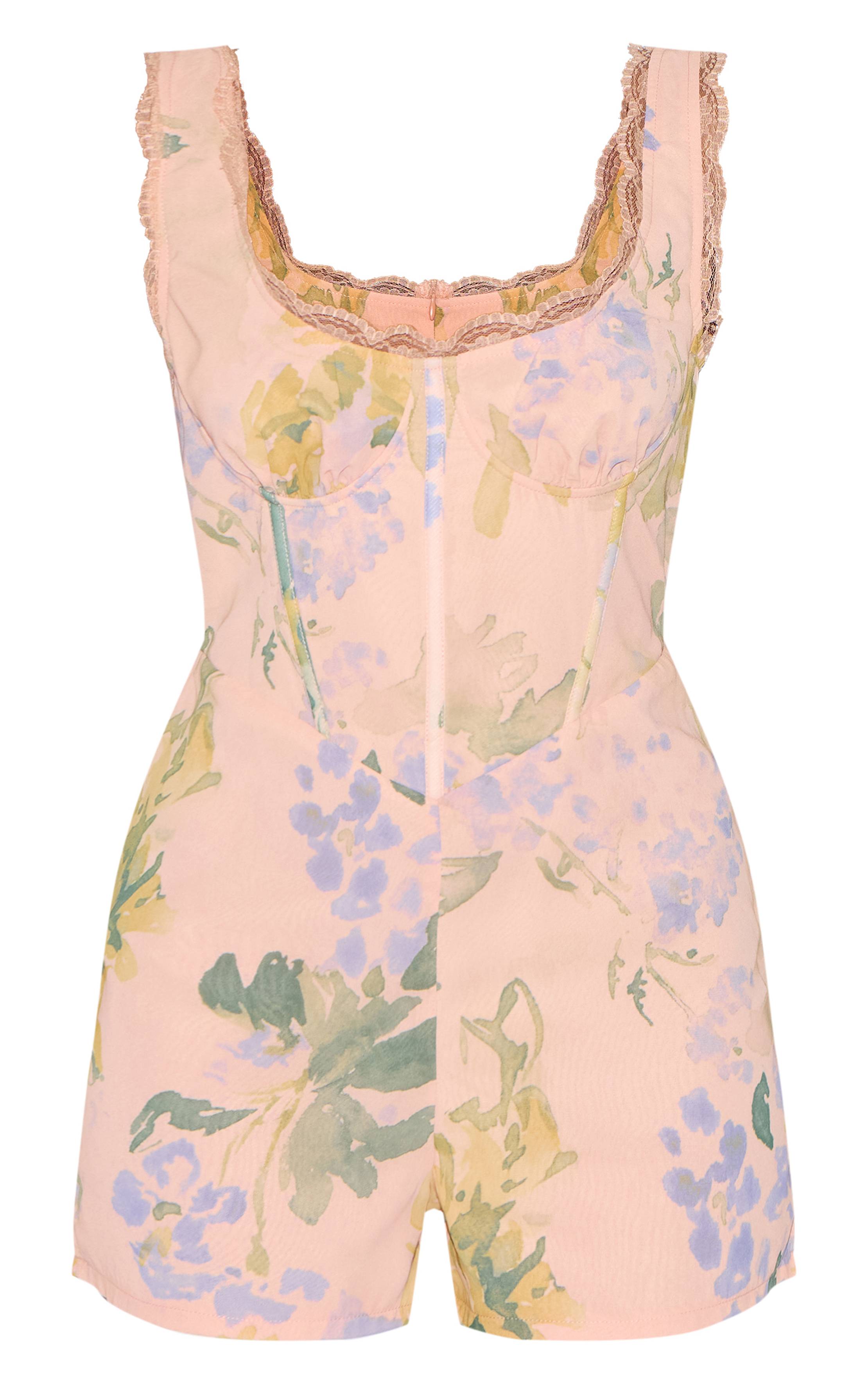 Rose Combinaison-short En Mousseline À Imprimé Fleuri Marron Avec Détail Corset