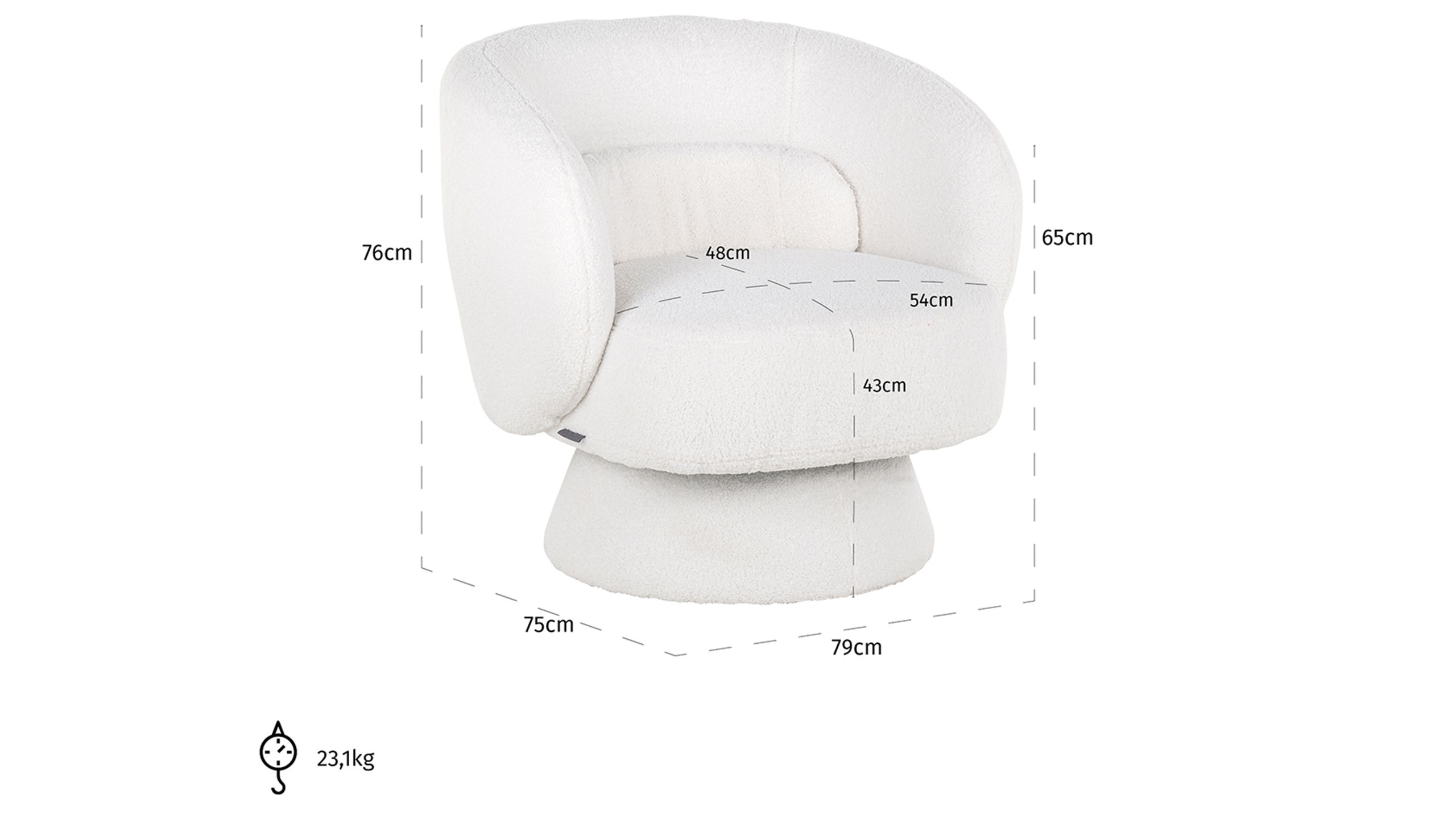 Draaifauteuil 211089 White Furry  Senna B79 x D75 x H76 cm
