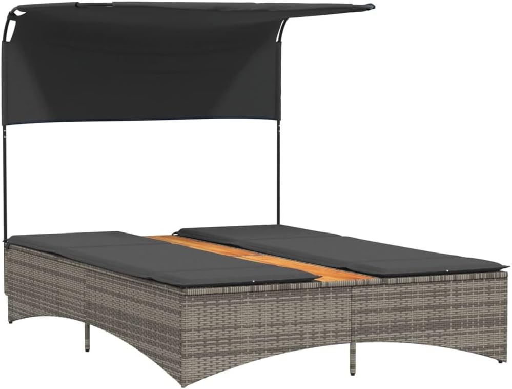 Festnight Doppel Gartenliege mit Sonnendach Doppelliege Outdoor 2 Personen Sonnenliege Rattan Sonnenbett Loungebett Gartenbett mit Auflage Liege Outdoor mit Dach Rattanliege Liegestuhl Garten