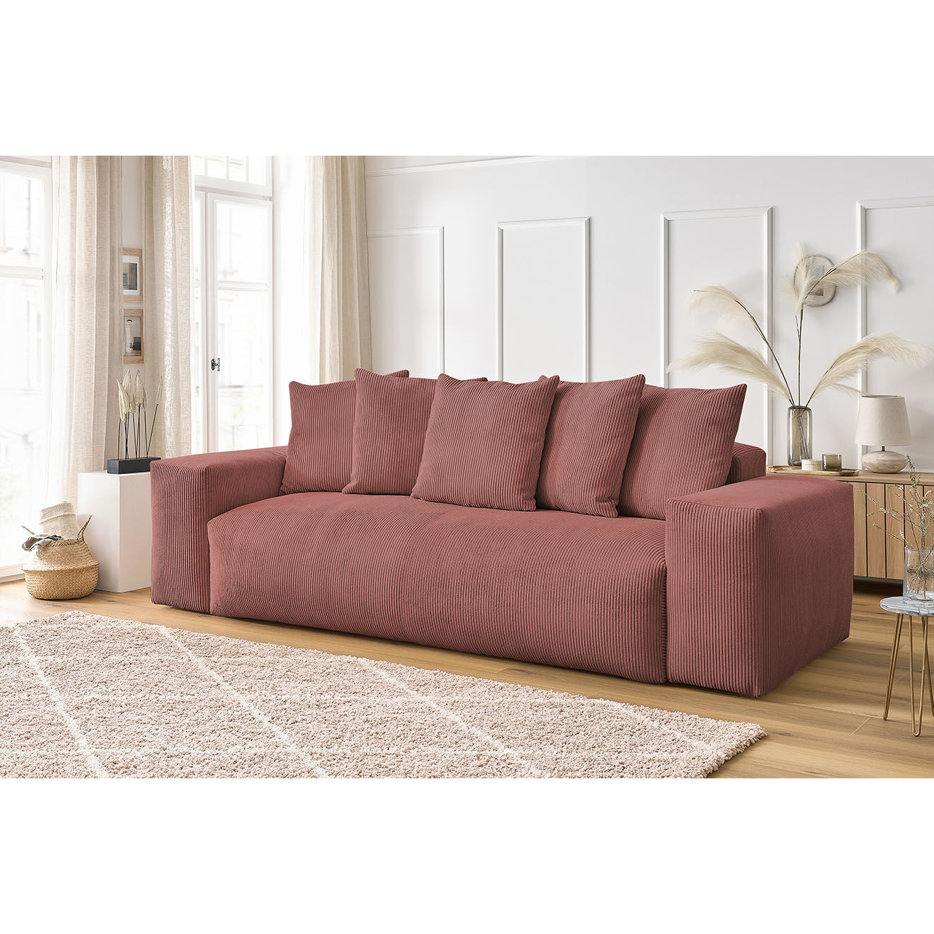 Bobochic Canapé droit fixe 3 places ultra moelleux voltaire velours côtelé rose - 280x124x75 cm